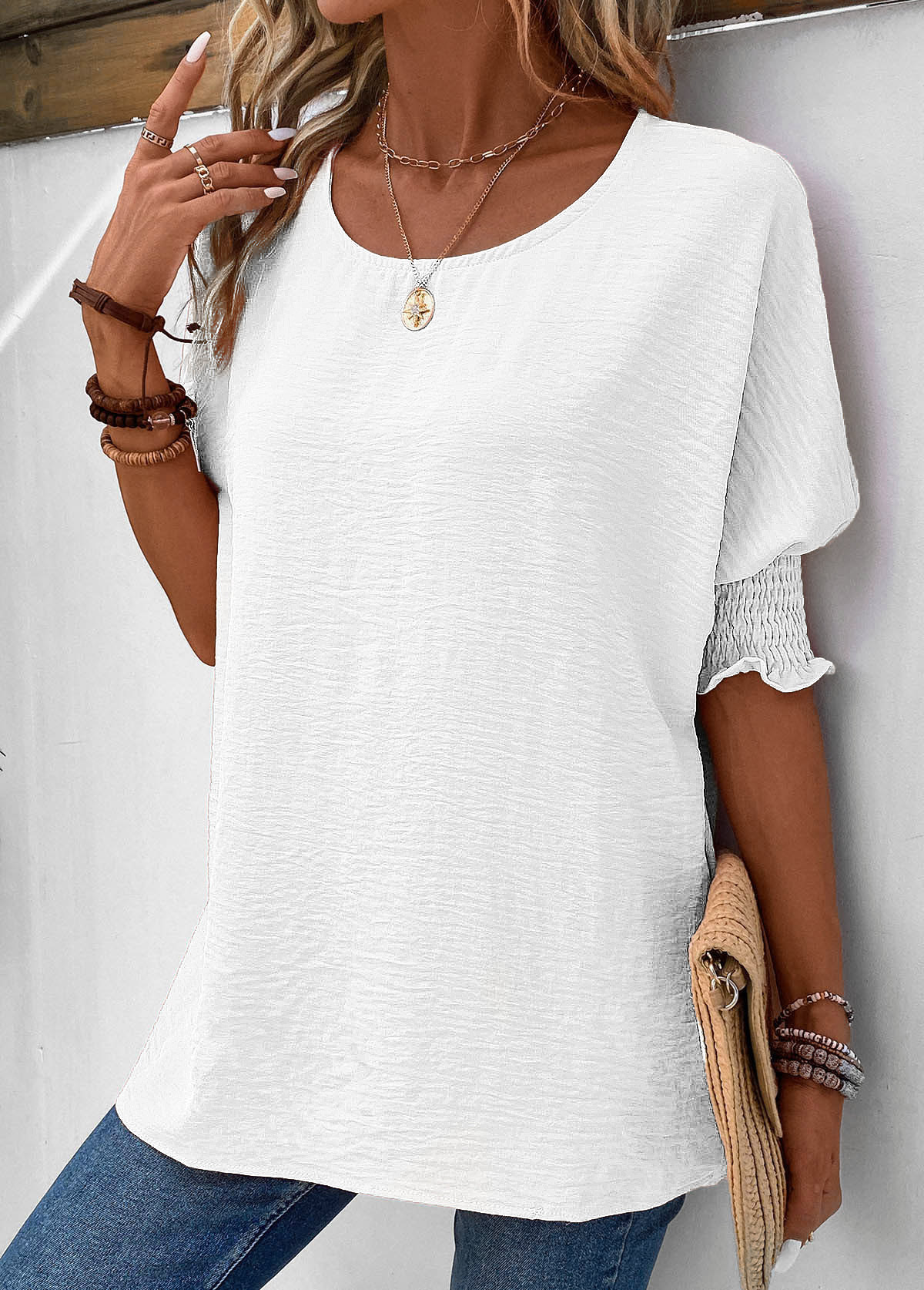 White Smocked Half Sleeve Round Neck T Shirt | picture 