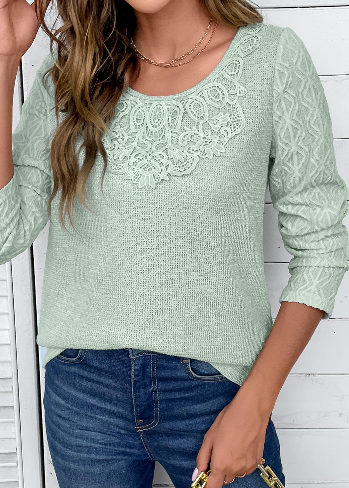 Sage Green Patchwork Long Sleeve Round Neck T Shirt | picture 