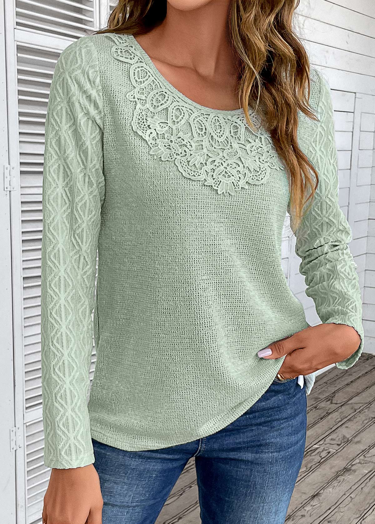 Sage Green Patchwork Long Sleeve Round Neck T Shirt | picture 