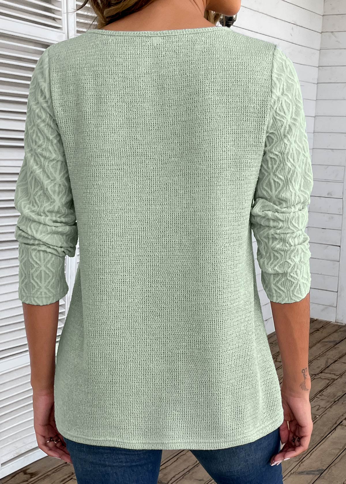 Sage Green Patchwork Long Sleeve Round Neck T Shirt | picture 