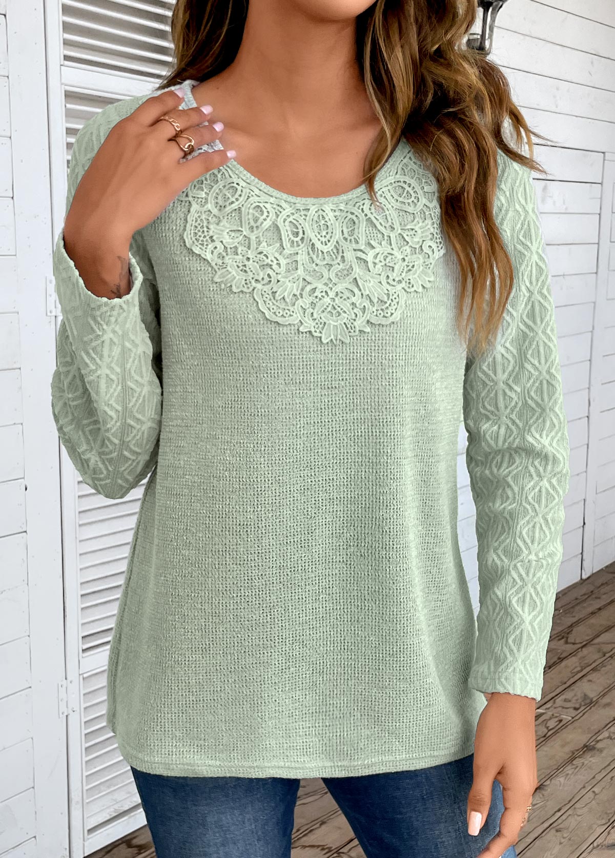 Sage Green Patchwork Long Sleeve Round Neck T Shirt | picture 