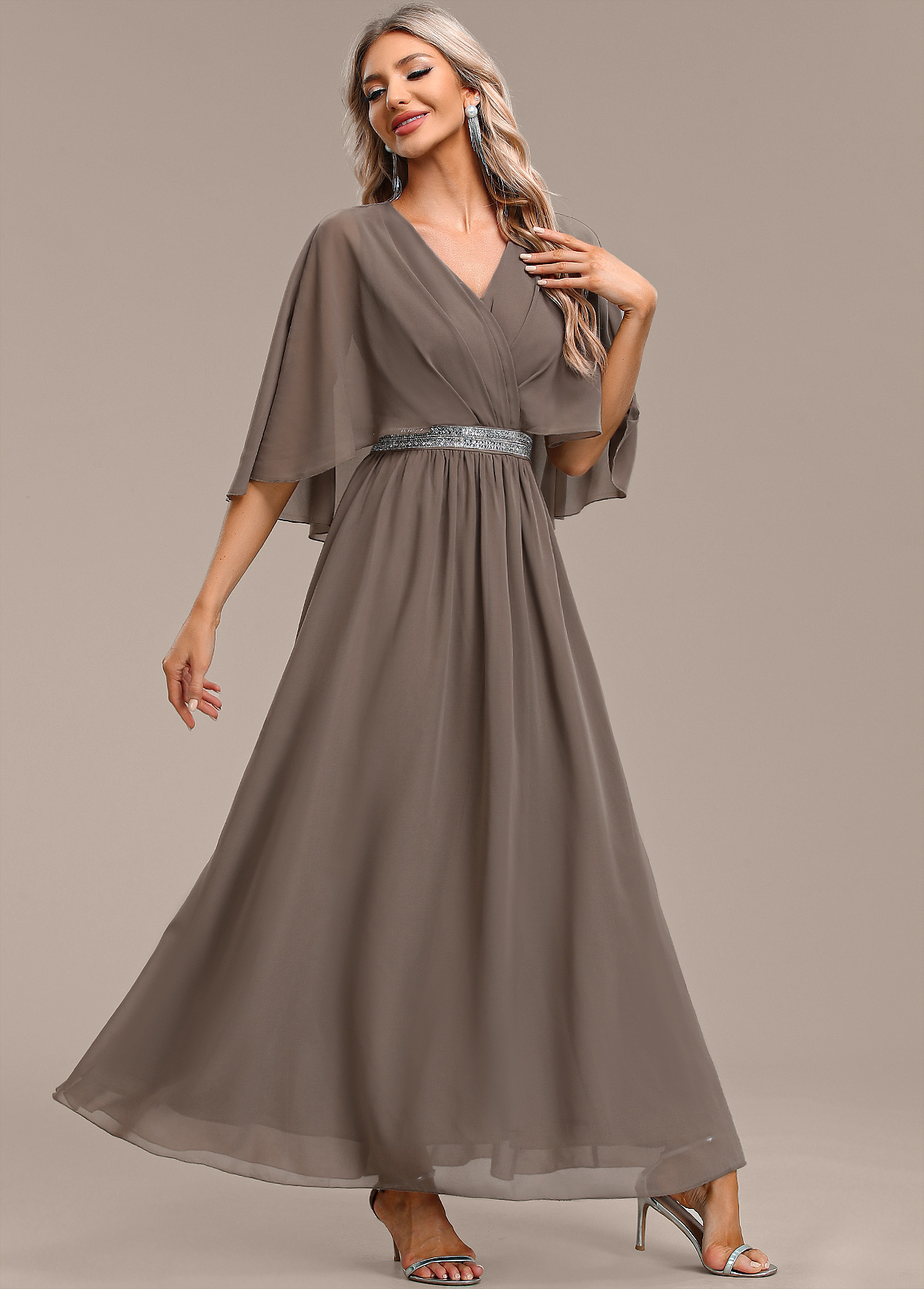 Gray Brown Surplice Maxi Half Sleeve V Neck Dress | picture 
