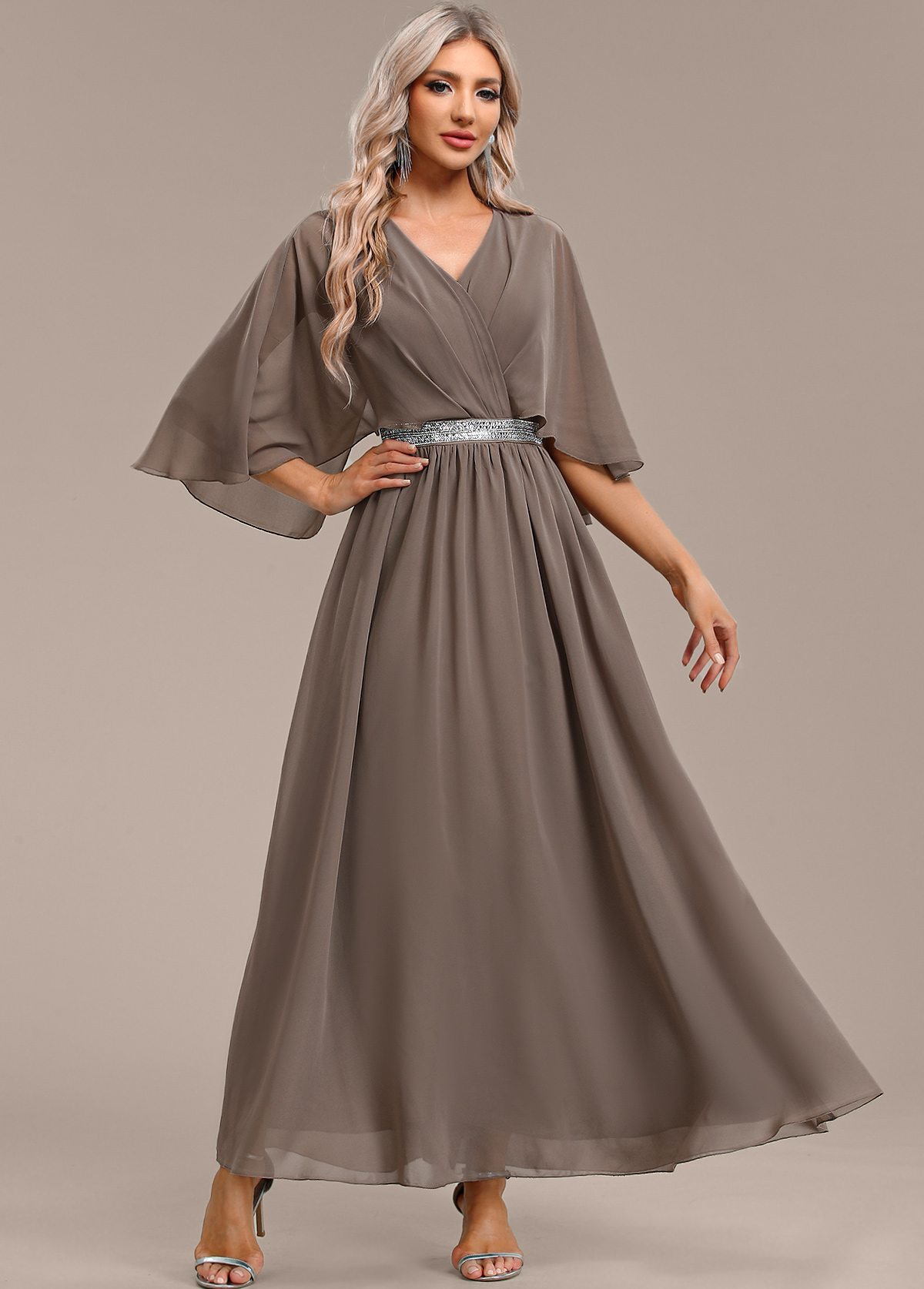 Gray Brown Surplice Maxi Half Sleeve V Neck Dress | picture 