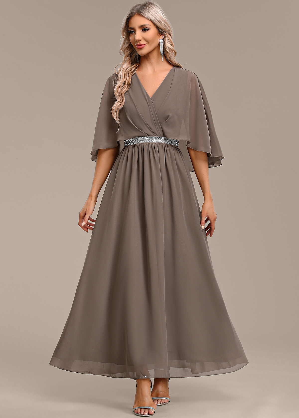 Gray Brown Surplice Maxi Half Sleeve V Neck Dress | picture 