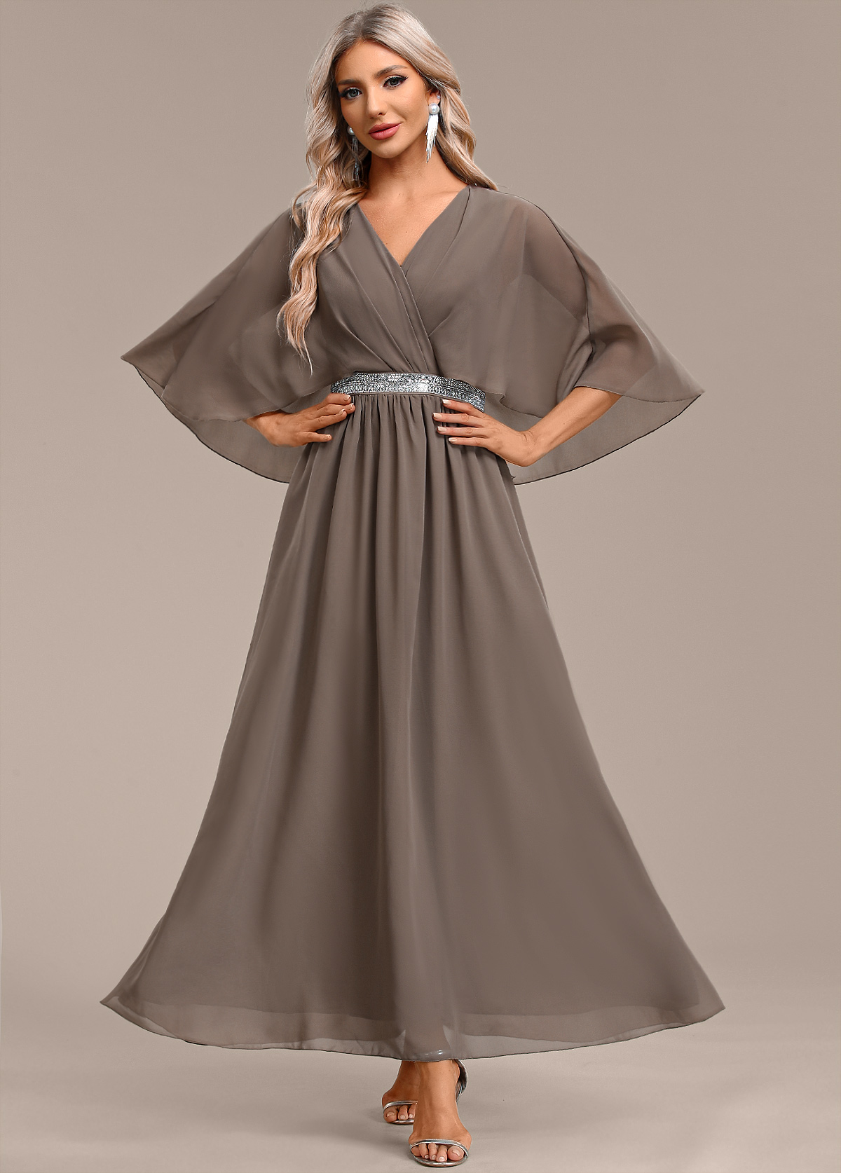 Gray Brown Surplice Maxi Half Sleeve V Neck Dress | picture 