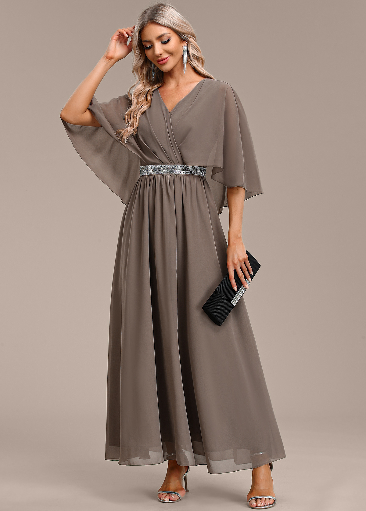 Gray Brown Surplice Maxi Half Sleeve V Neck Dress | picture 