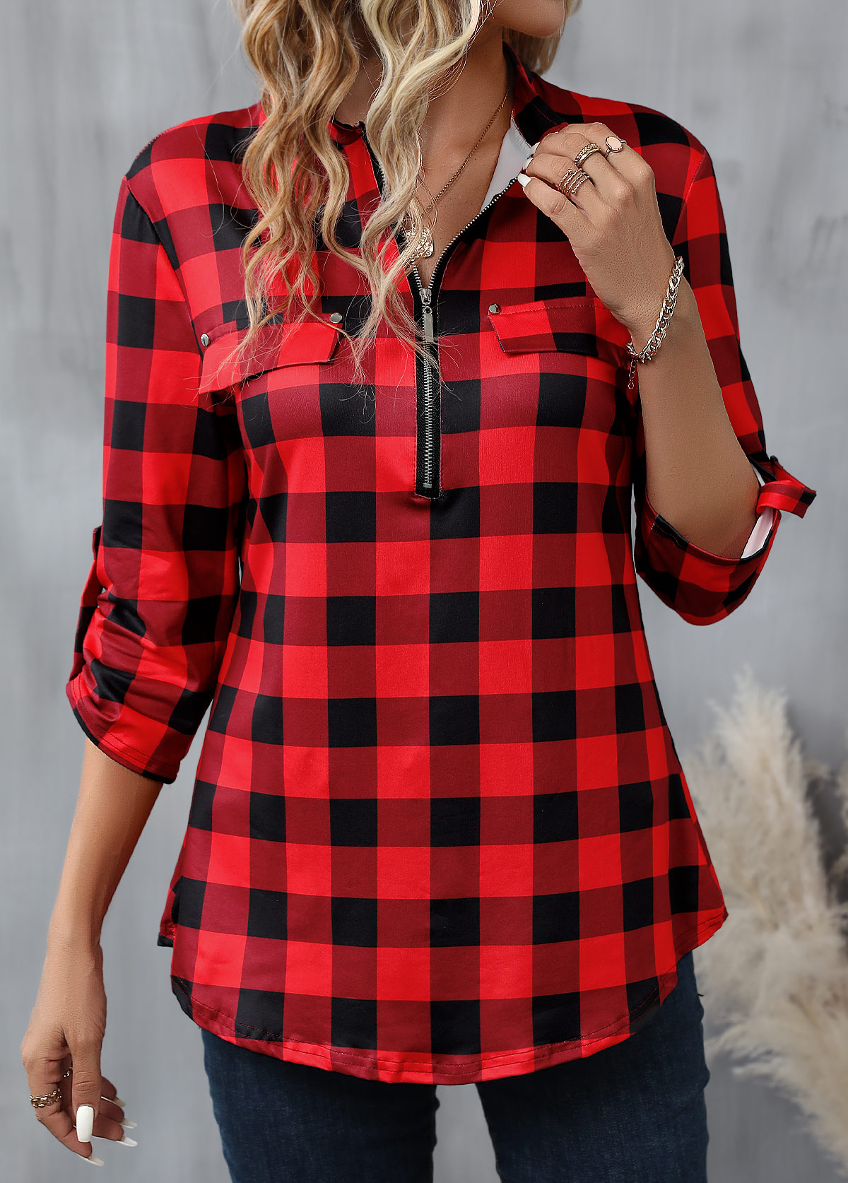 Red Zipper Plaid Long Sleeve High Neck Blouse | picture 