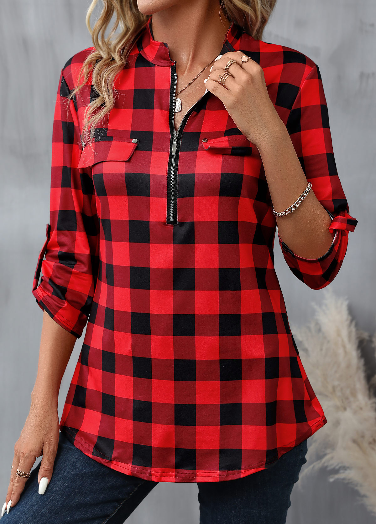 Red Zipper Plaid Long Sleeve High Neck Blouse | picture 