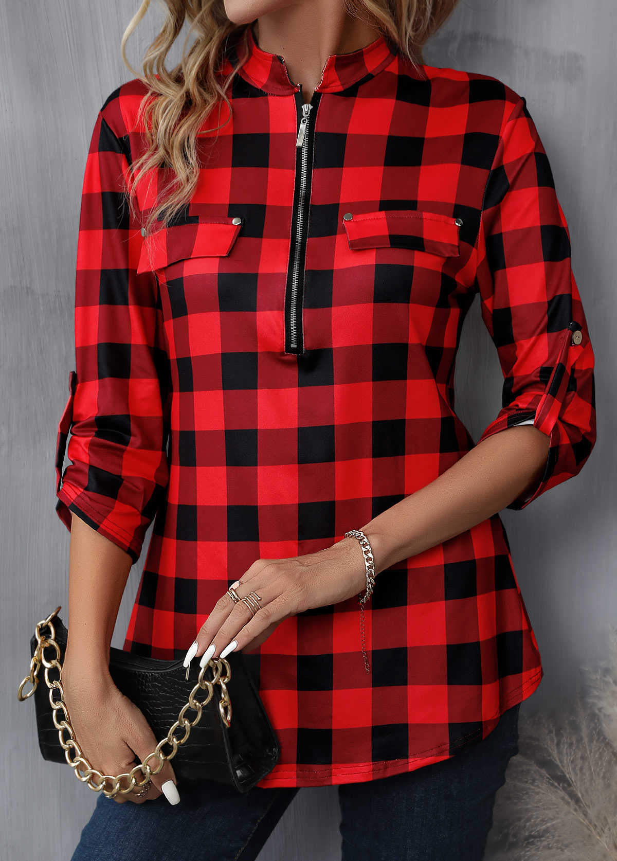 Red Zipper Plaid Long Sleeve High Neck Blouse | picture 