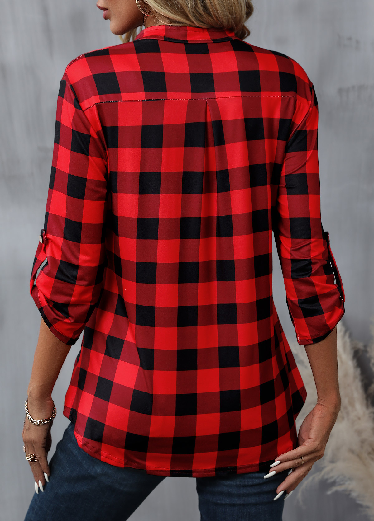 Red Zipper Plaid Long Sleeve High Neck Blouse | picture 