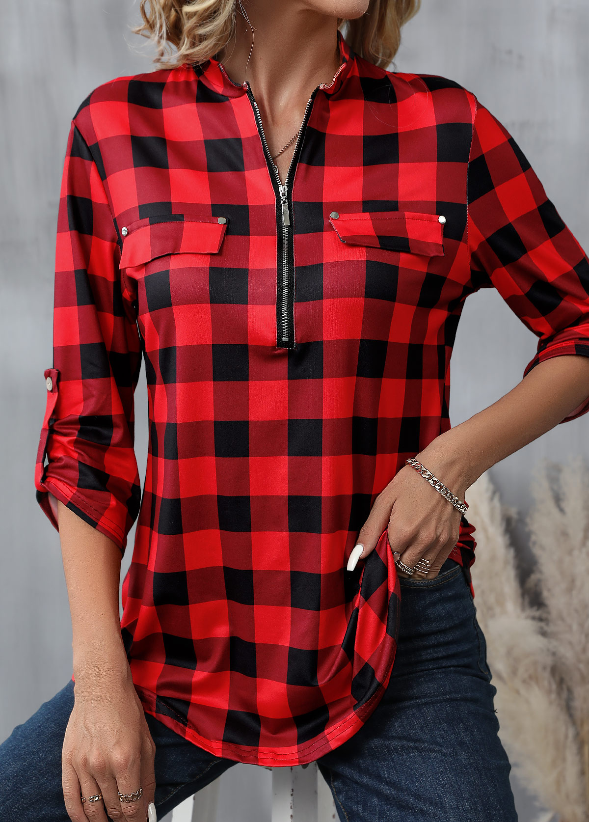 Red Zipper Plaid Long Sleeve High Neck Blouse | picture 