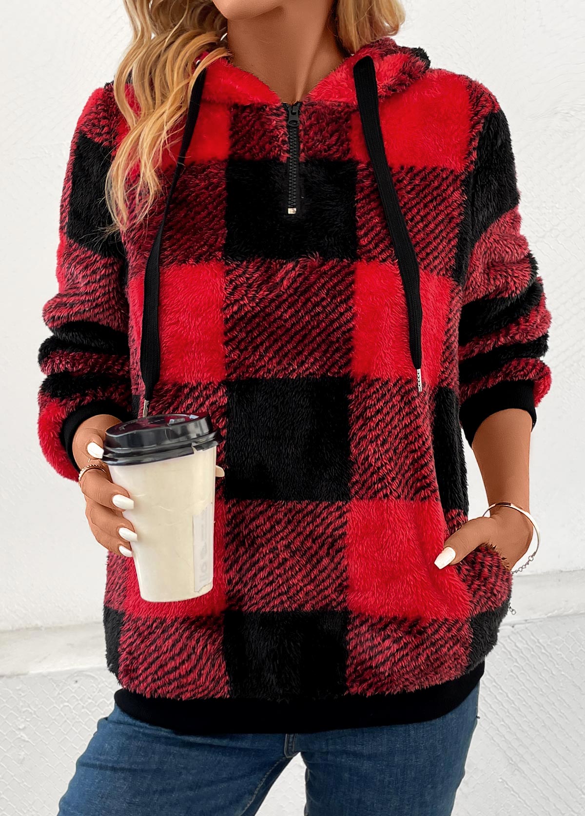 Red Pocket Plaid Long Sleeve Hooded Sweatshirt | picture 