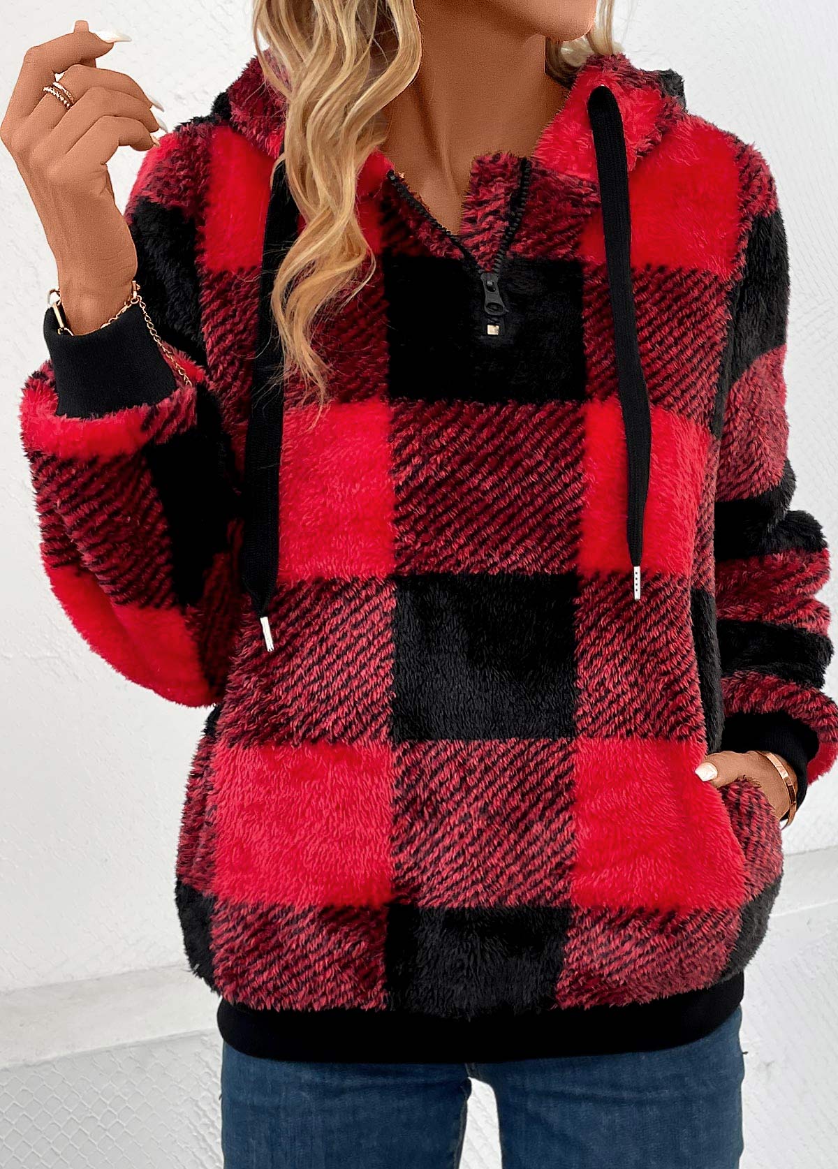 Red Pocket Plaid Long Sleeve Hooded Sweatshirt | picture 