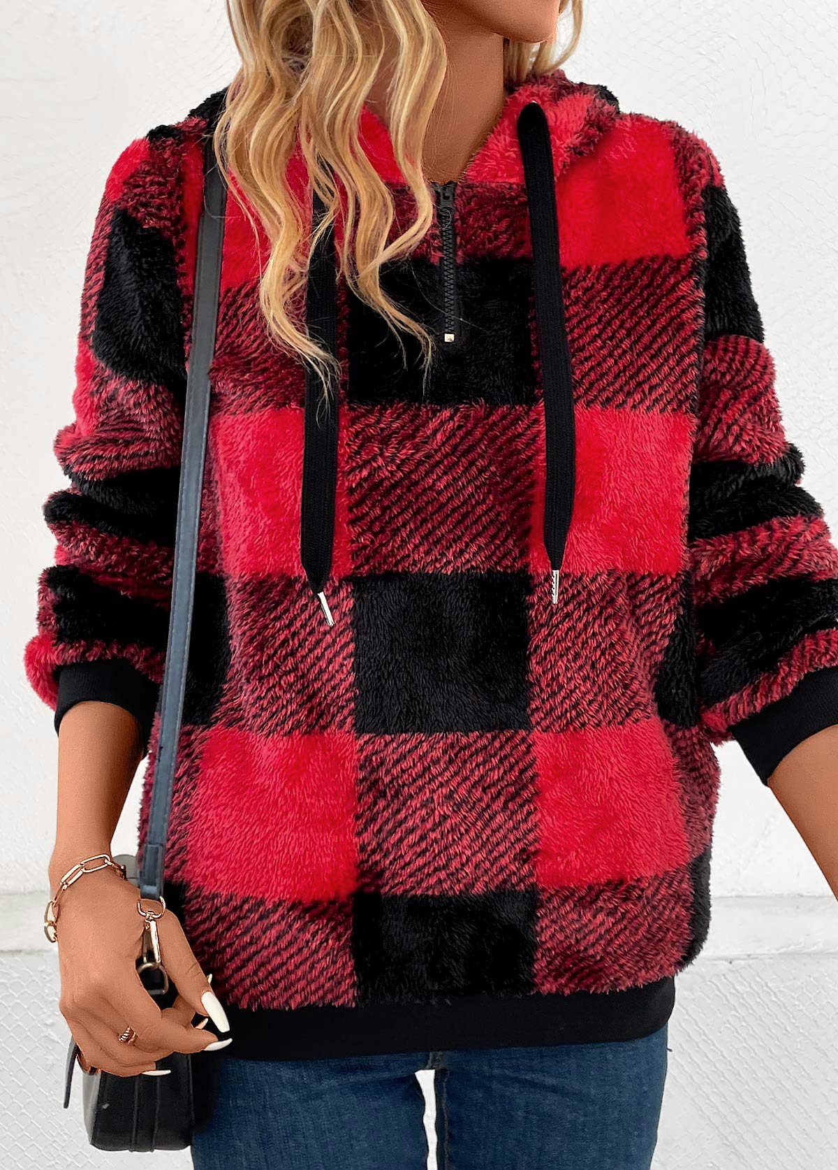 Red Pocket Plaid Long Sleeve Hooded Sweatshirt | picture 