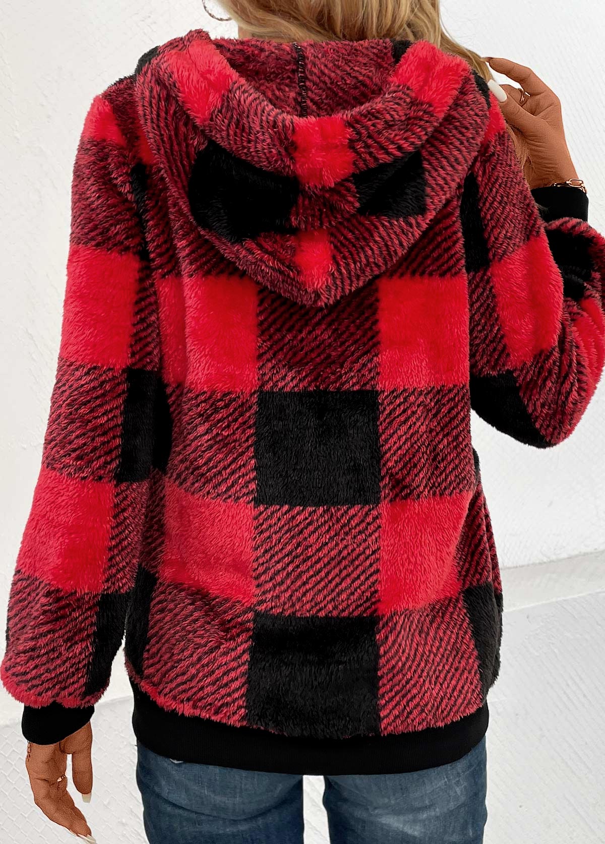Red Pocket Plaid Long Sleeve Hooded Sweatshirt | picture 