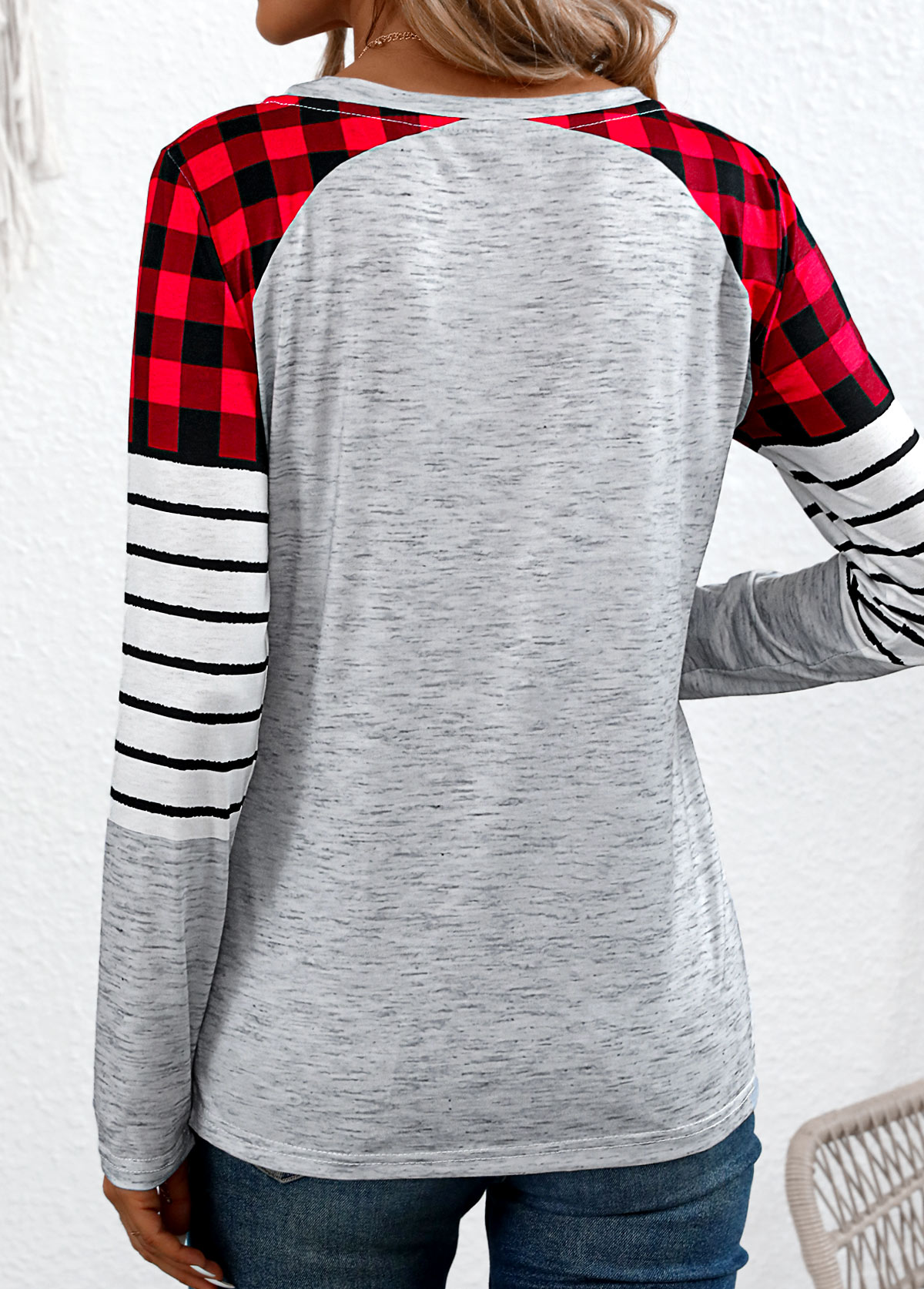 Grey Patchwork Plaid Long Sleeve Round Neck T Shirt | picture 