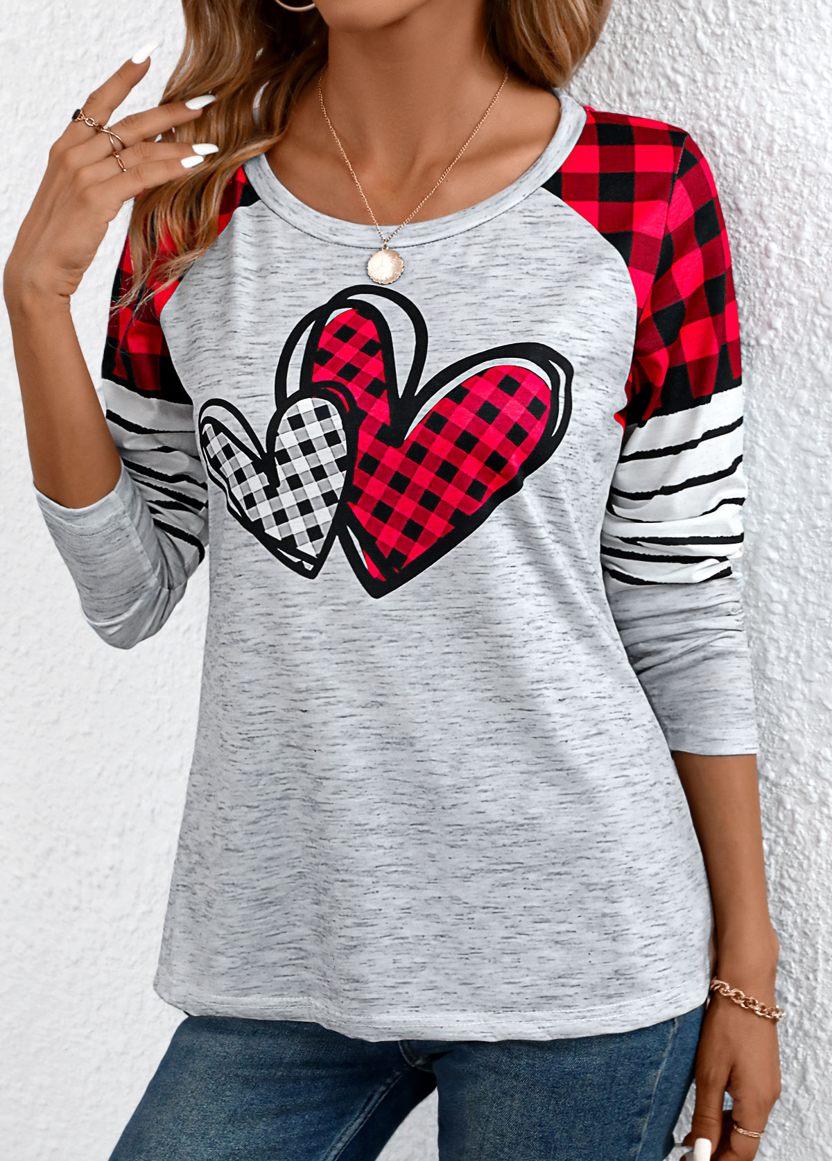 Grey Patchwork Plaid Long Sleeve Round Neck T Shirt | picture 