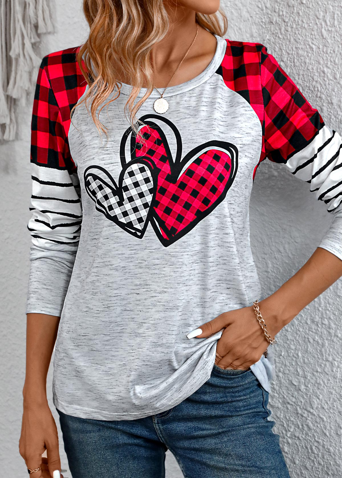 Grey Patchwork Plaid Long Sleeve Round Neck T Shirt | picture 
