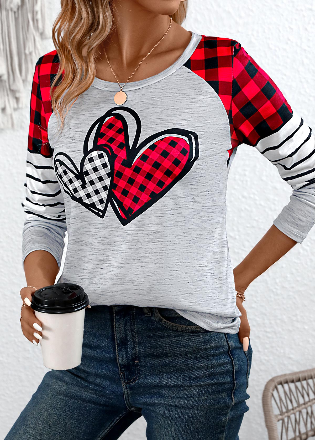 Grey Patchwork Plaid Long Sleeve Round Neck T Shirt | picture 