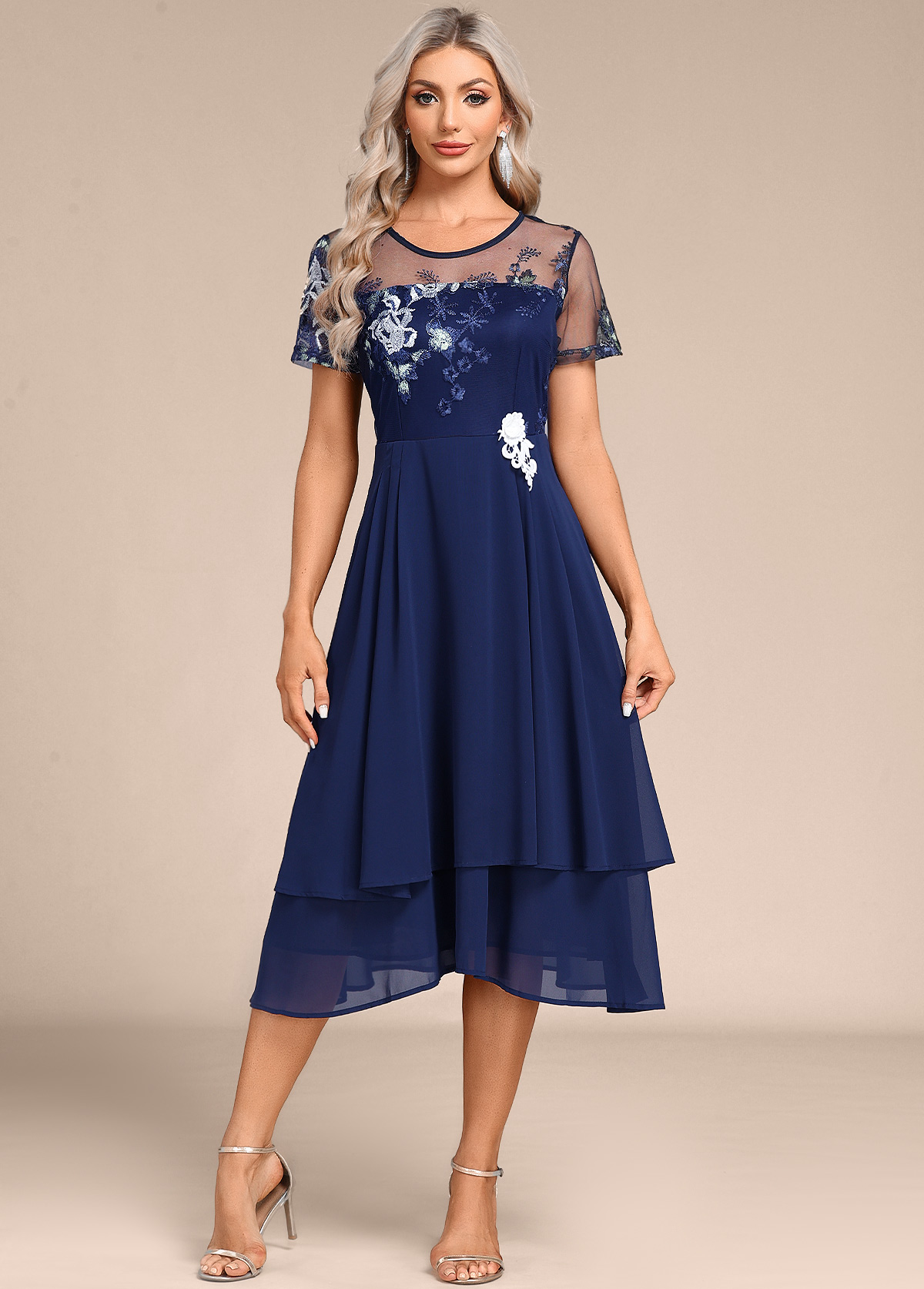 Navy Embroidery Short Sleeve Round Neck Dress | picture 