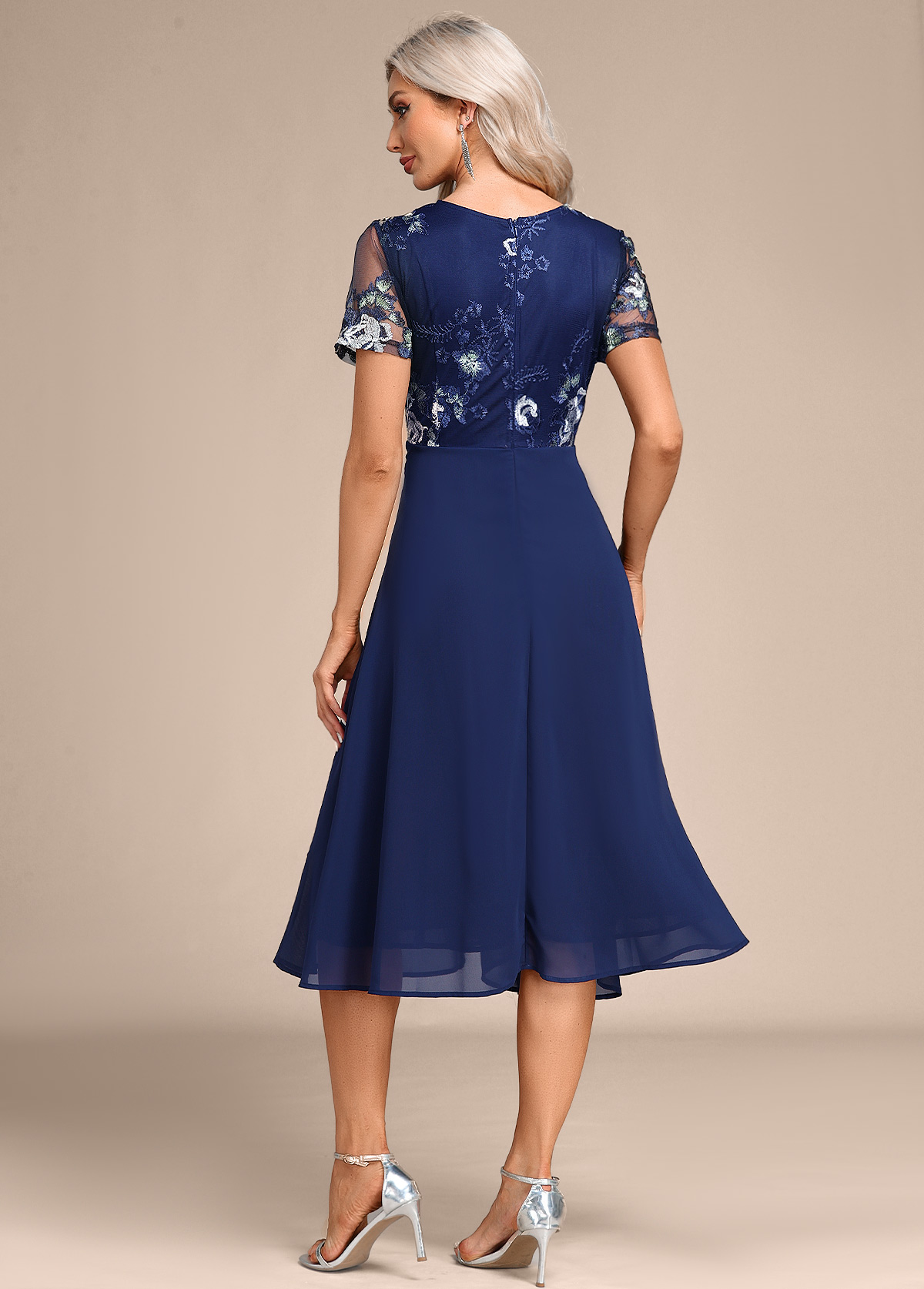 Navy Embroidery Short Sleeve Round Neck Dress | picture 