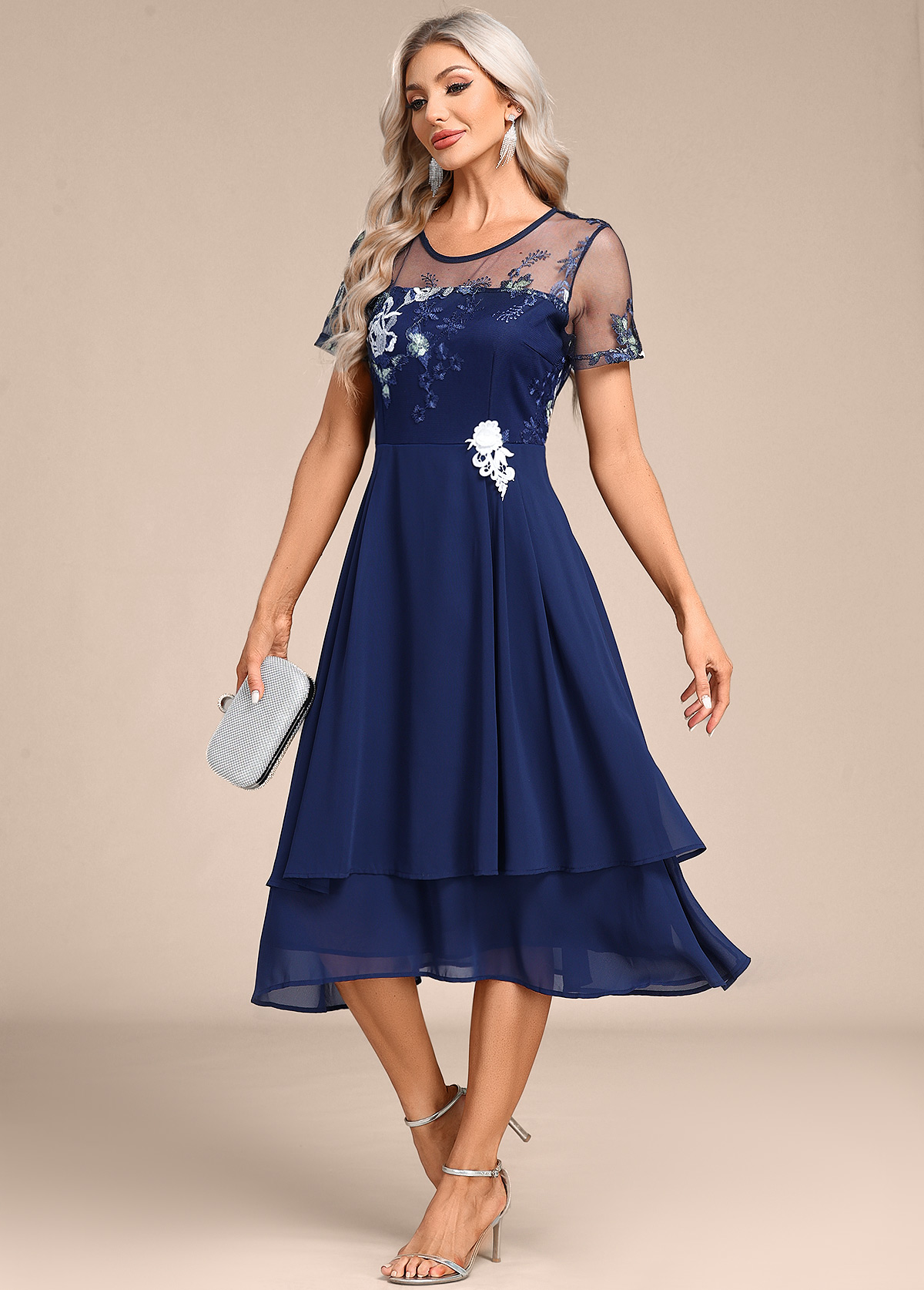 Navy Embroidery Short Sleeve Round Neck Dress | picture 