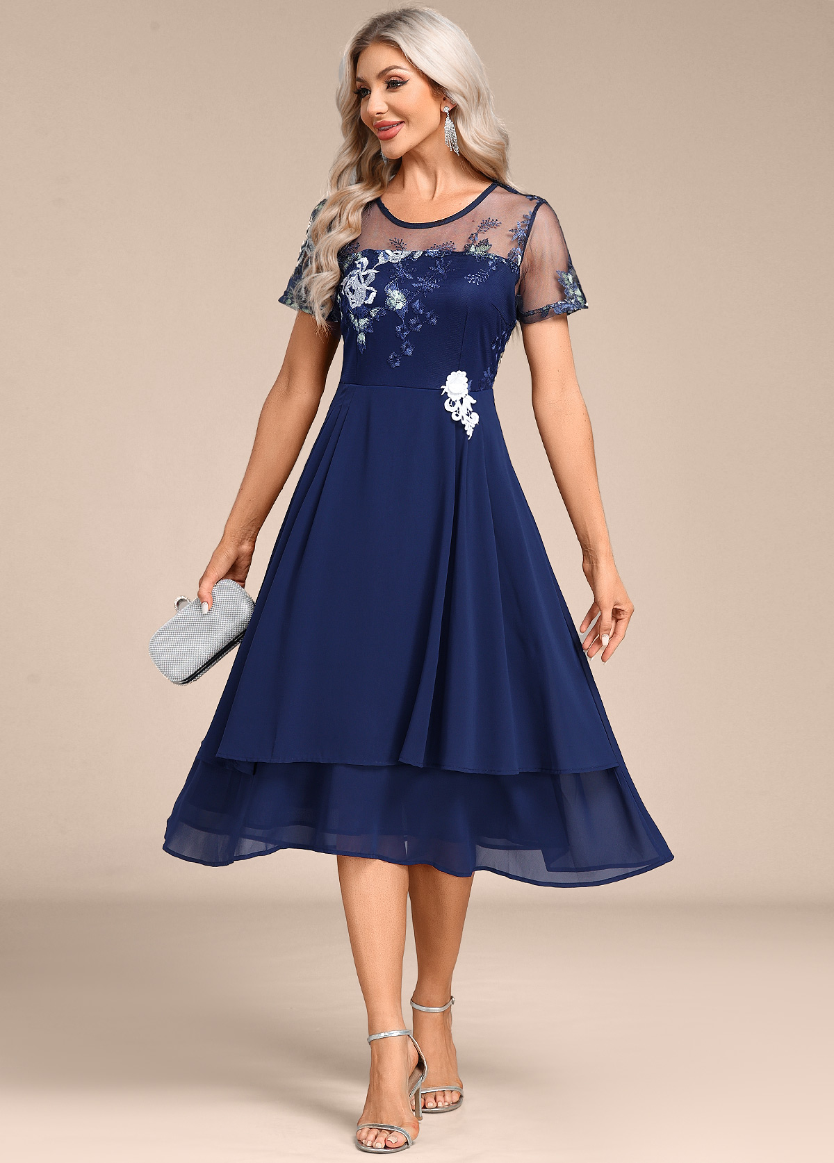 Navy Embroidery Short Sleeve Round Neck Dress | picture 