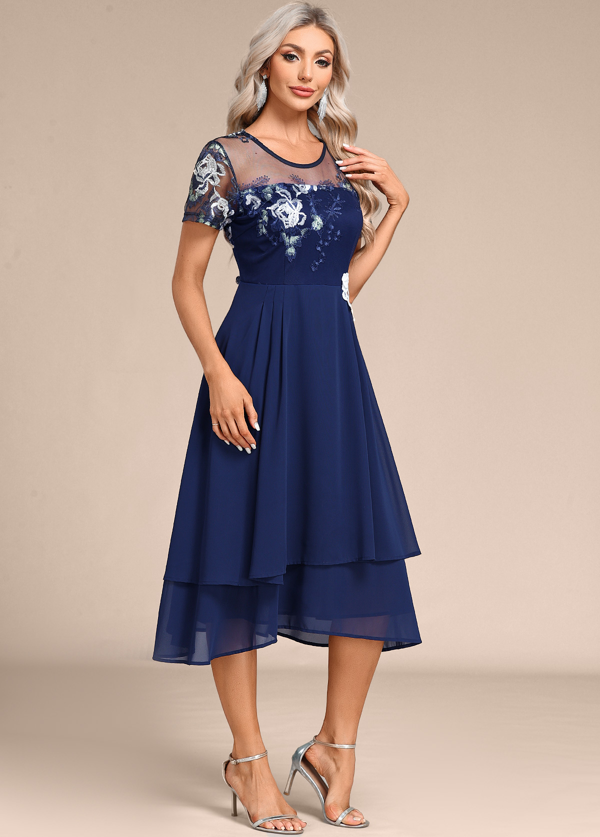 Navy Embroidery Short Sleeve Round Neck Dress | picture 