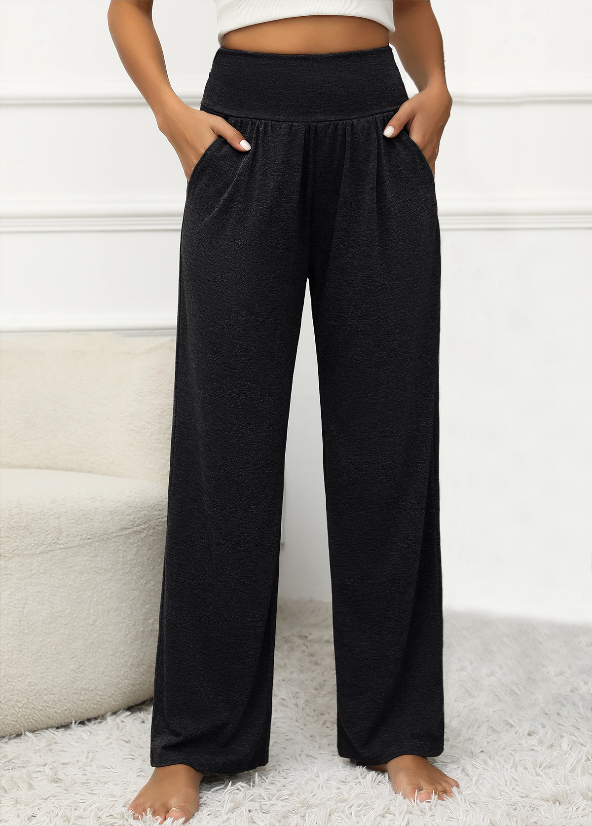 Black Pocket Elastic Waist High Waisted Pants | picture 