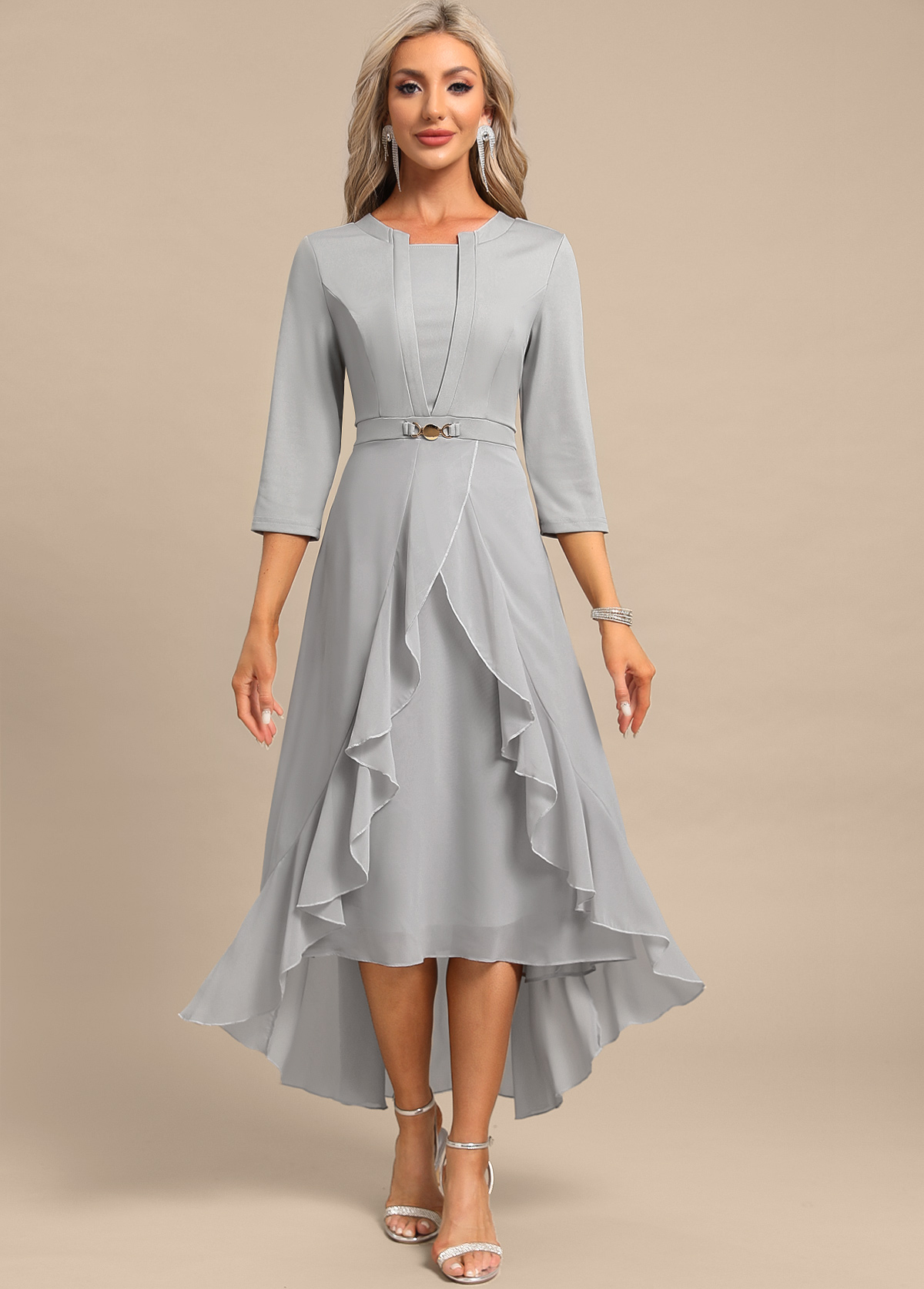 Light Grey Fake 2in1 High Low Split Neck Dress | picture 