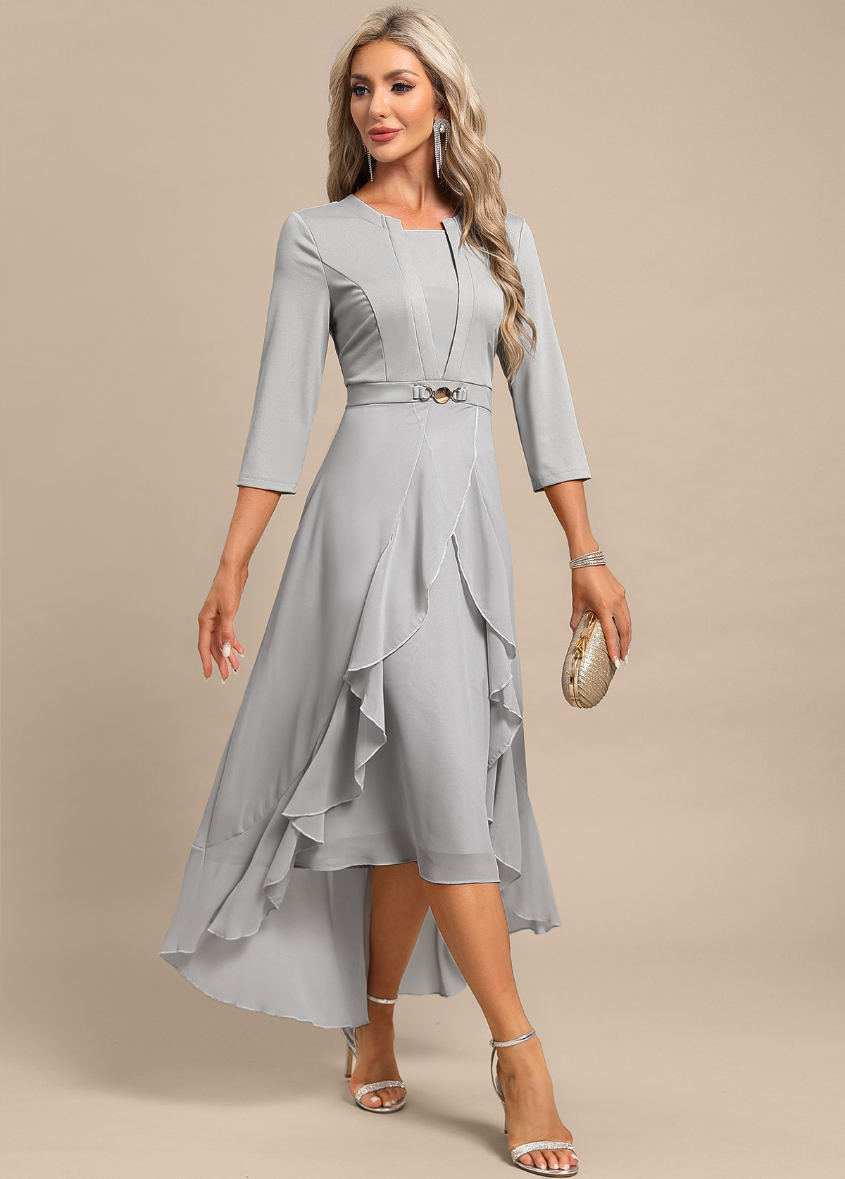 Light Grey Fake 2in1 High Low Split Neck Dress | picture 