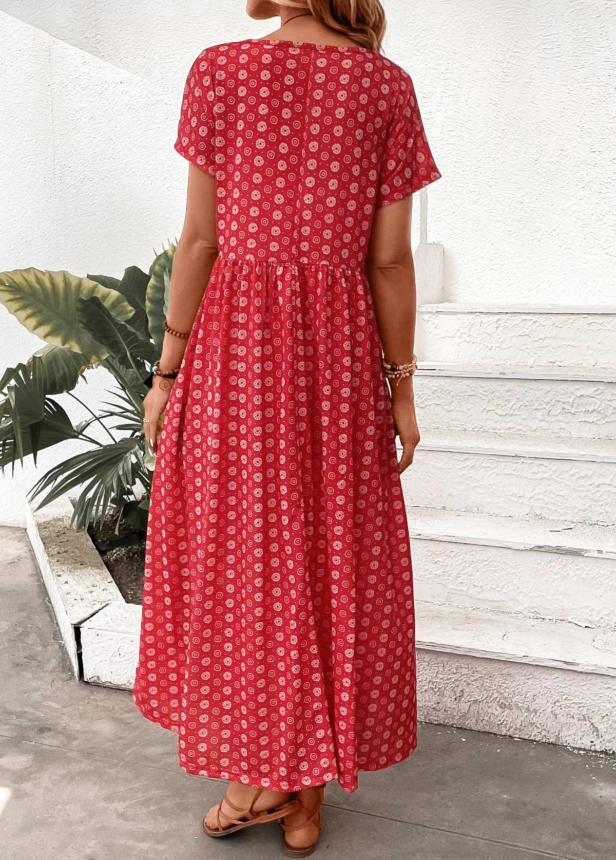 Red Pocket Geometric Print Maxi A Line Dress | picture 