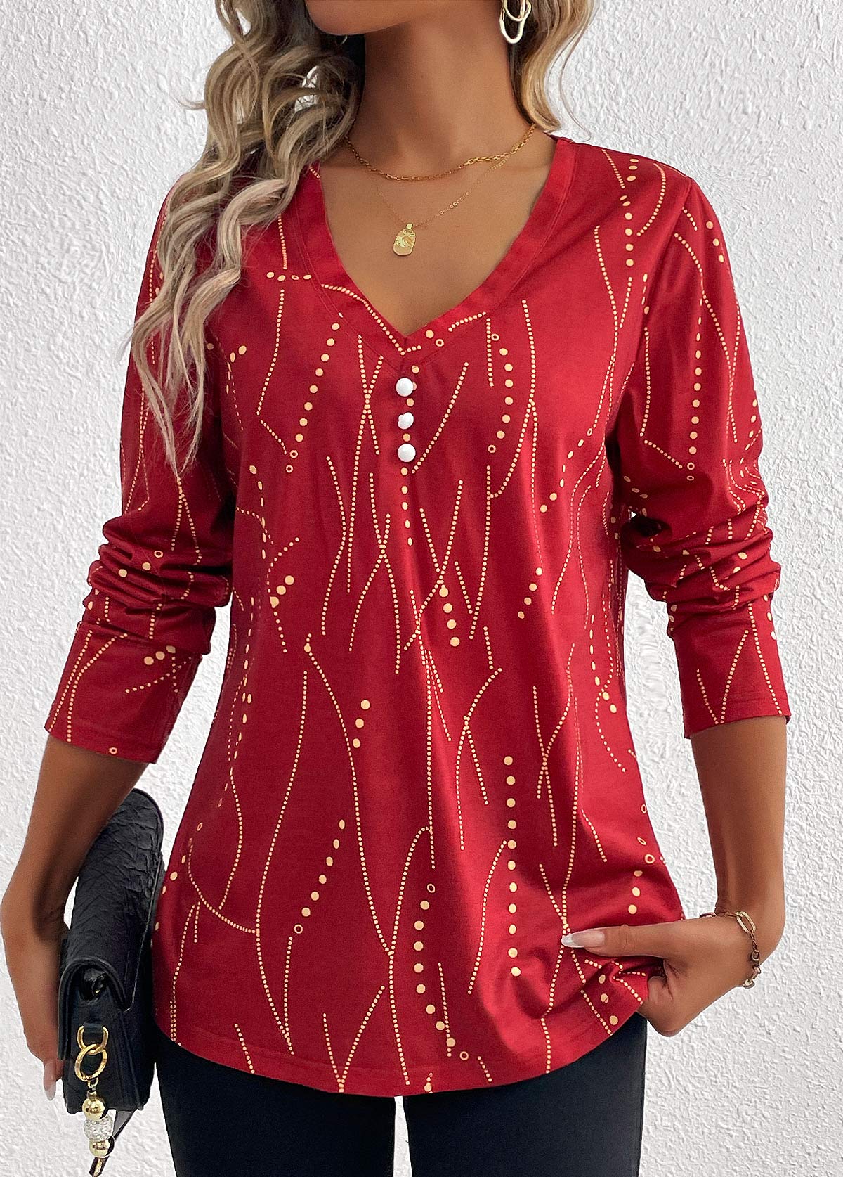Plus Size Wine Red Button Geometric Print T Shirt | picture 