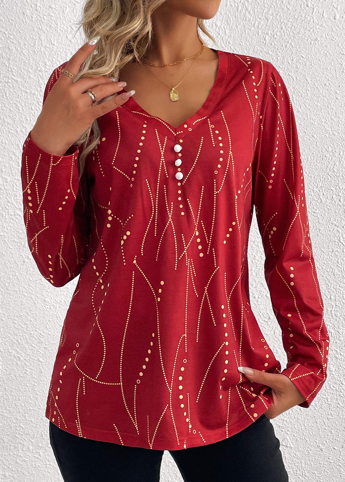 Plus Size Wine Red Button Geometric Print T Shirt | picture 