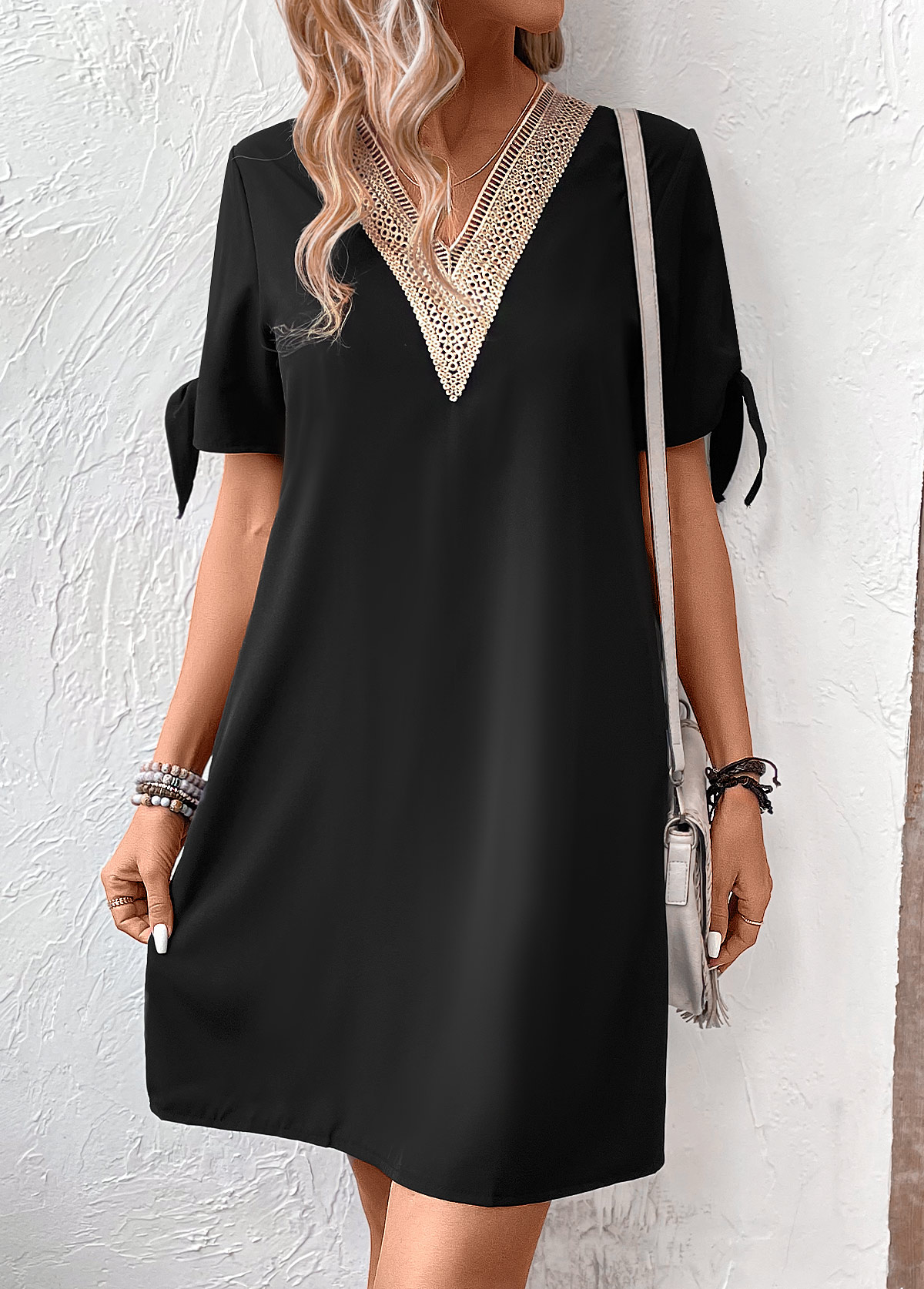Black Patchwork Short V Neck Shift Dress | picture 4