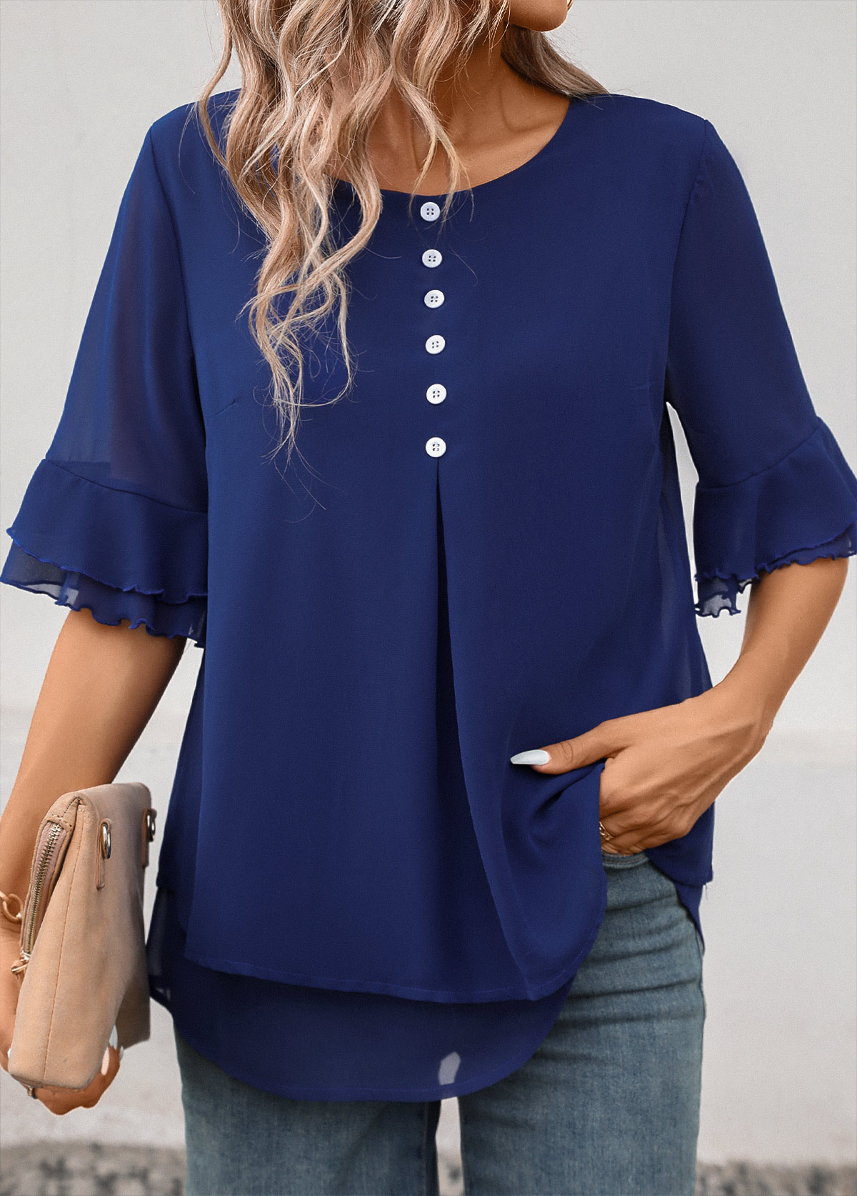Navy Layered Short Sleeve Round Neck Blouse | picture 