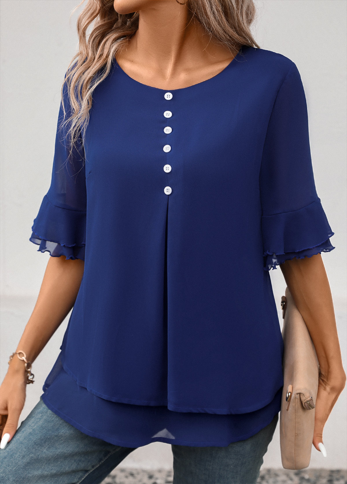 Navy Layered Short Sleeve Round Neck Blouse | picture 