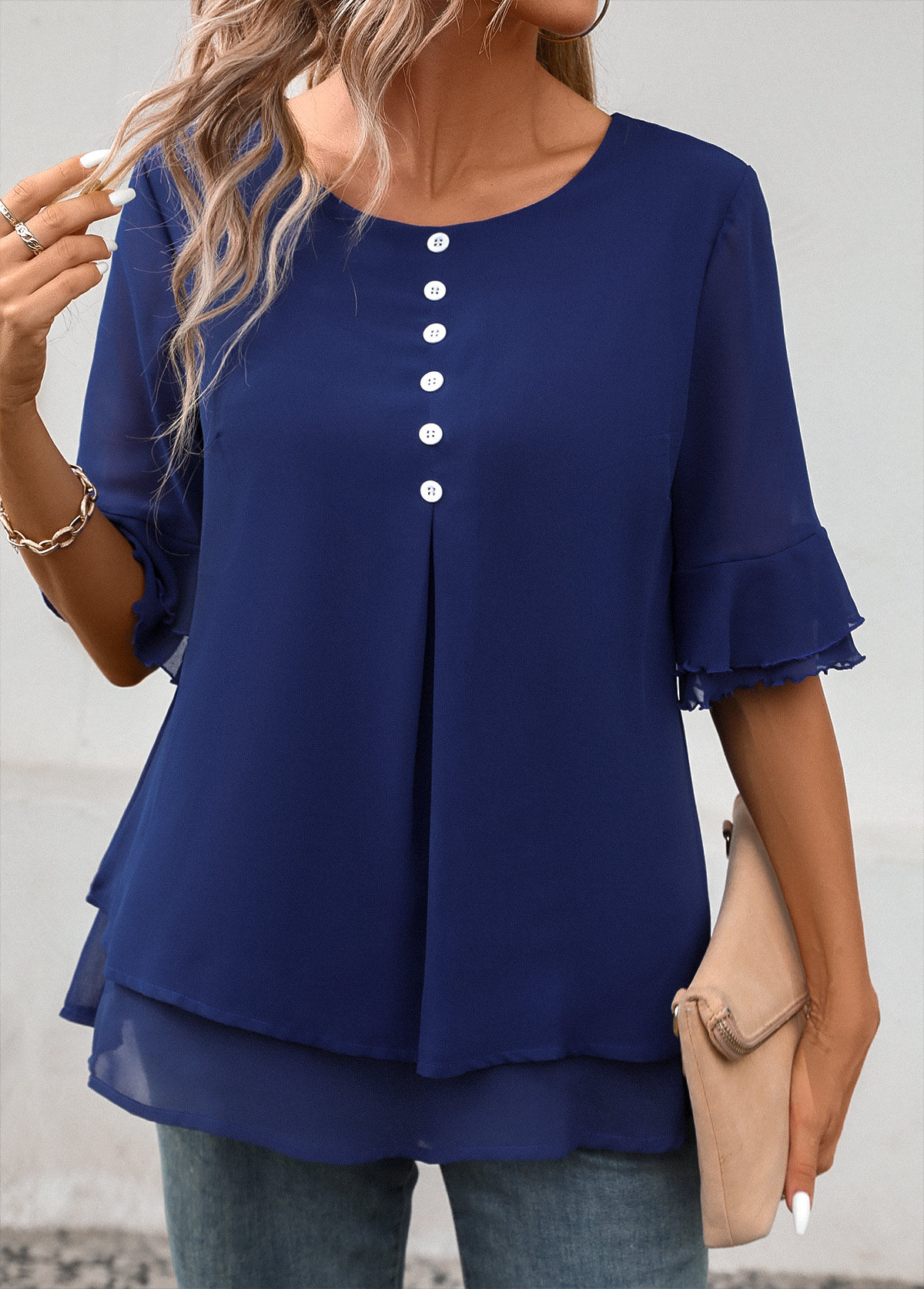 Navy Layered Short Sleeve Round Neck Blouse | picture 