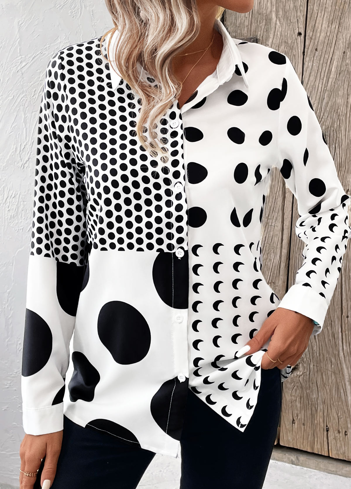 White Button Polka Dot Long Sleeve Shirt Collar Blouse | picture 