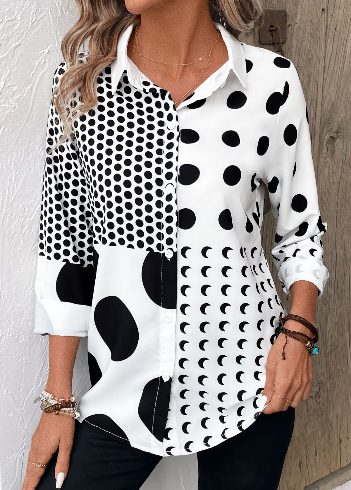 White Button Polka Dot Long Sleeve Shirt Collar Blouse | picture 