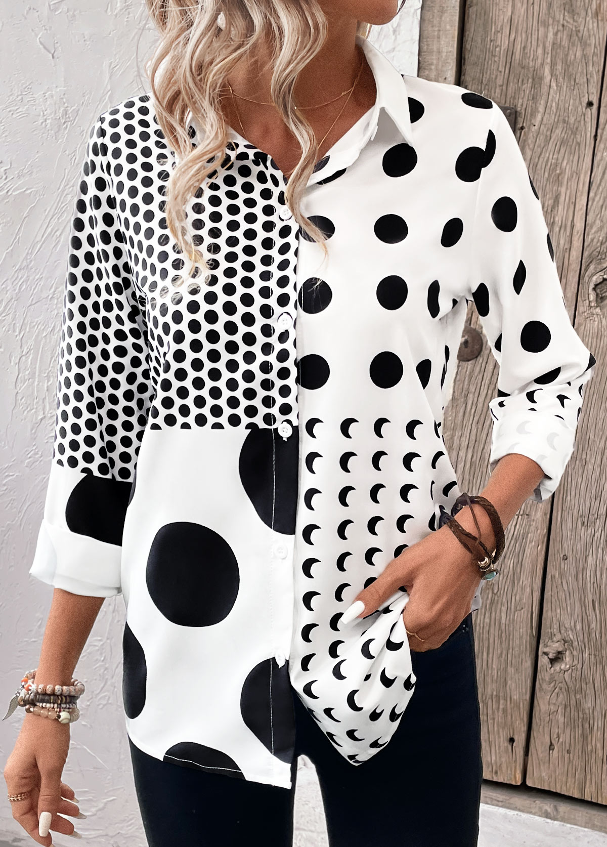 White Button Polka Dot Long Sleeve Shirt Collar Blouse | picture 