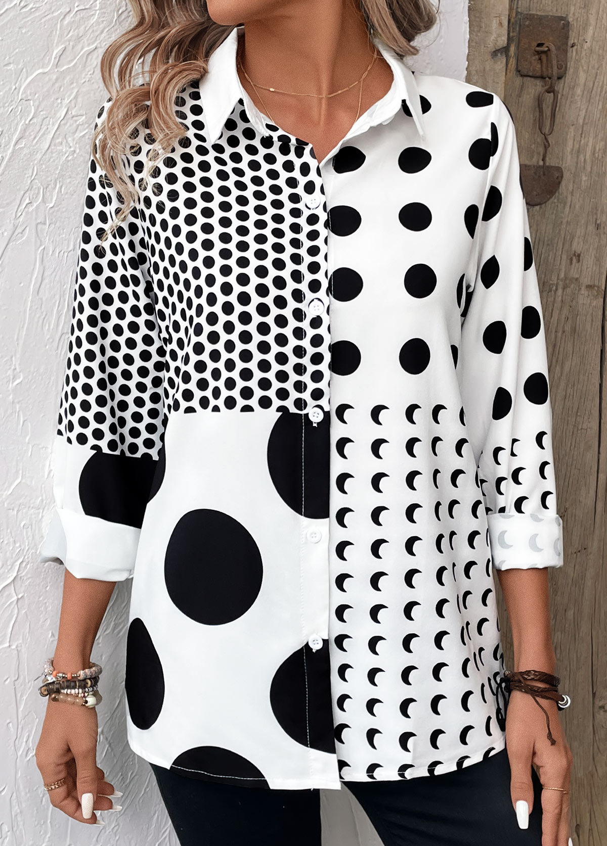 White Button Polka Dot Long Sleeve Shirt Collar Blouse | picture 
