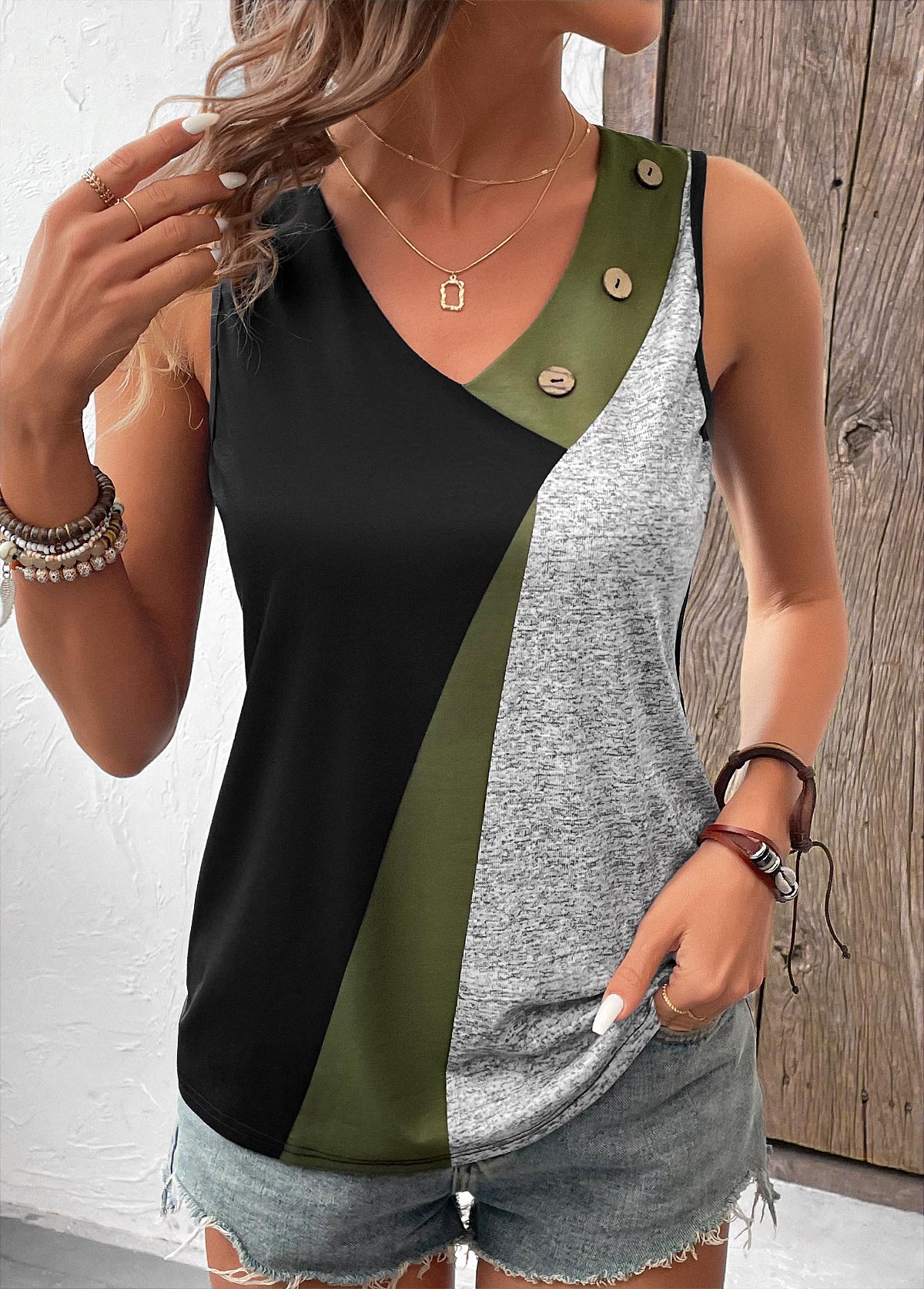 Black Button Geometric Print Sleeveless V Neck Tank Top | picture 