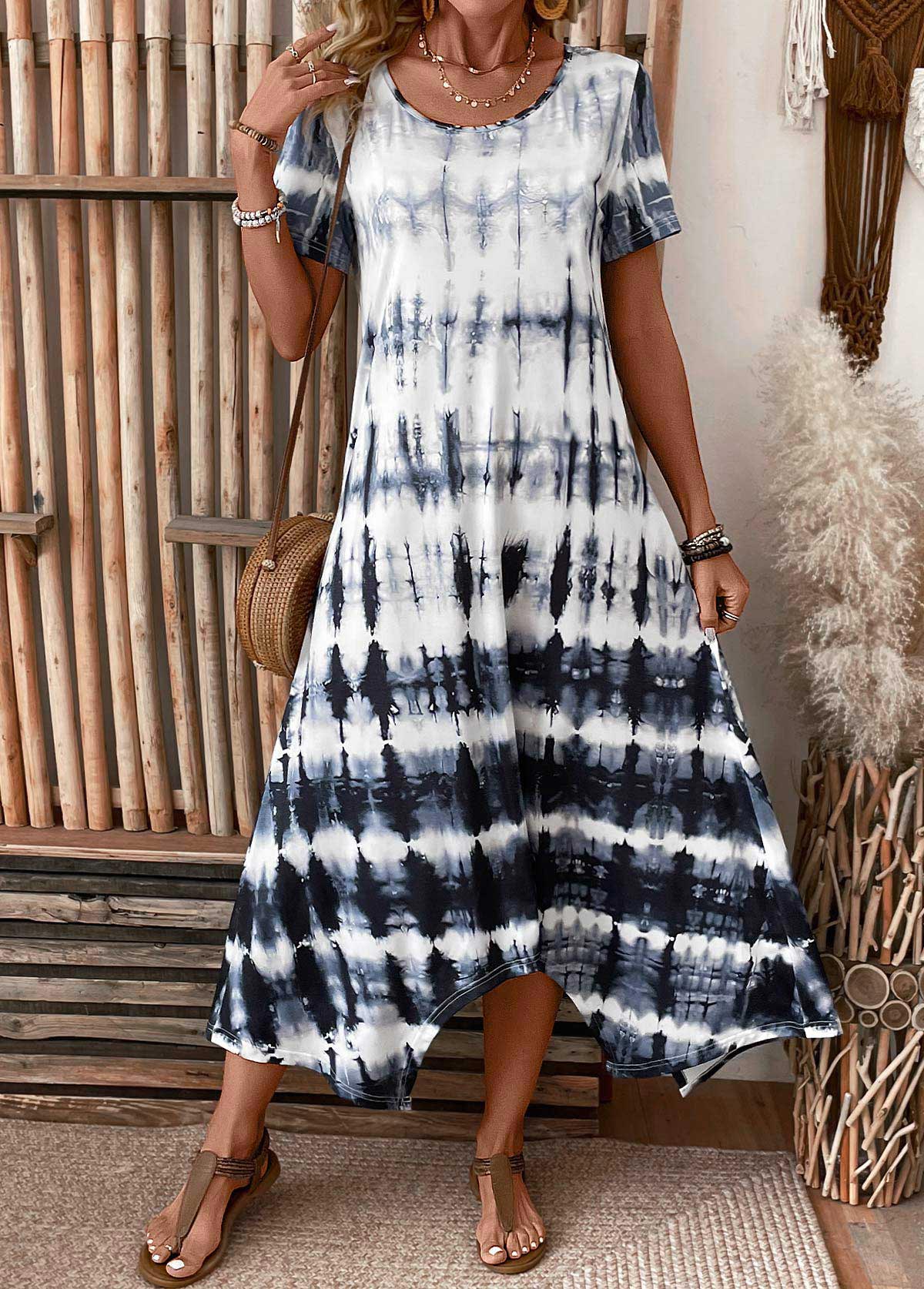 Dusty Blue Pocket Tie Dye Print A Line Dress | picture 