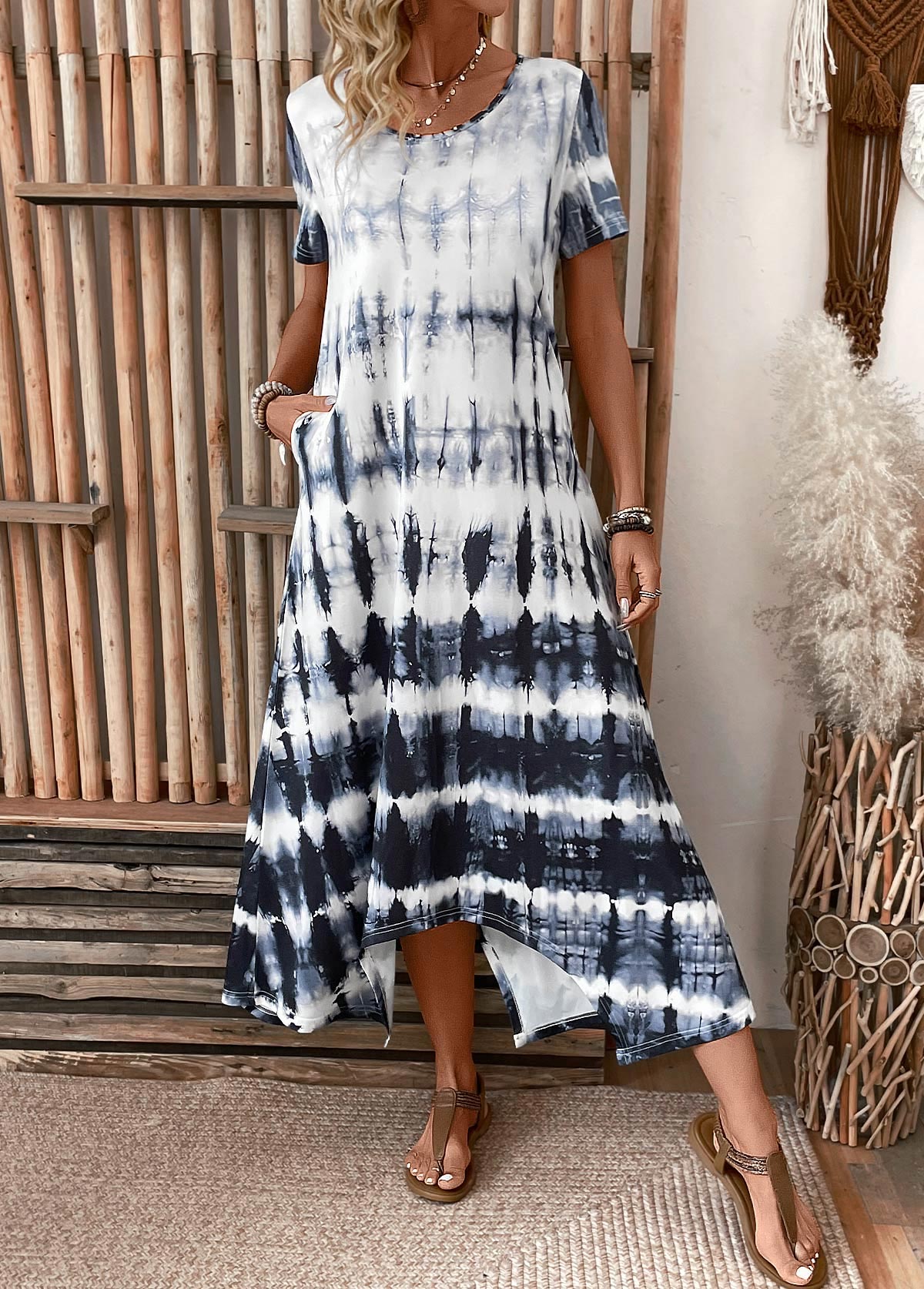Dusty Blue Pocket Tie Dye Print A Line Dress | picture 