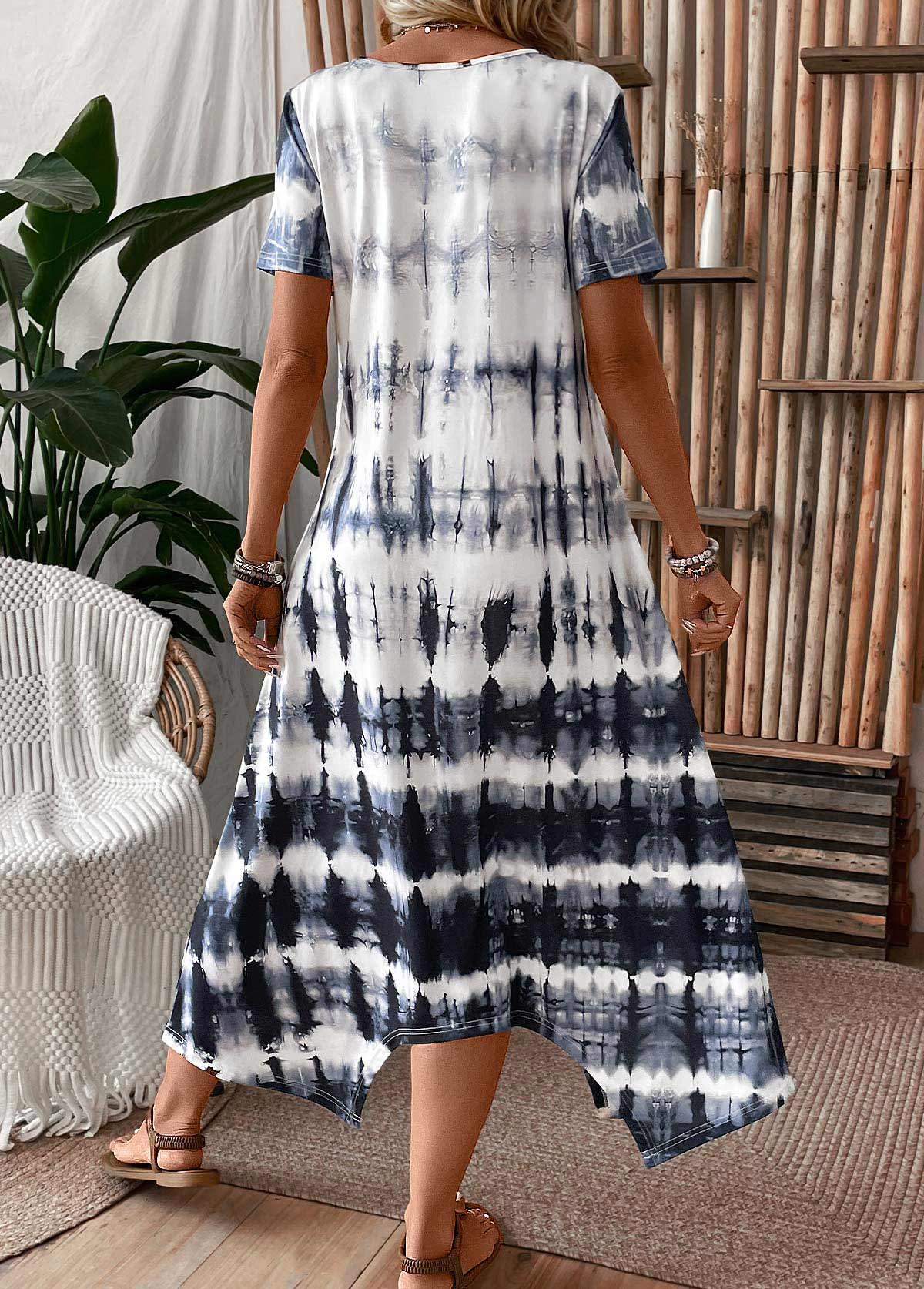 Dusty Blue Pocket Tie Dye Print A Line Dress | picture 