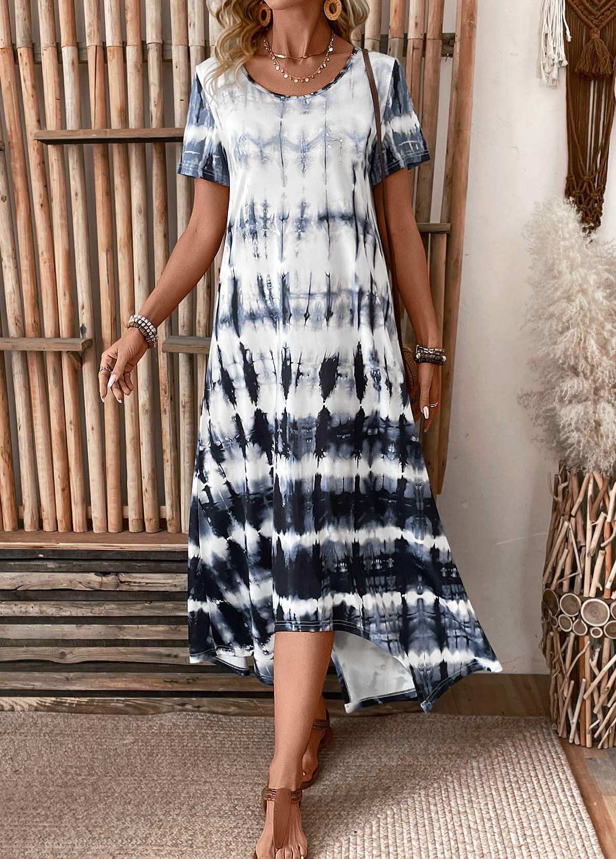 Dusty Blue Pocket Tie Dye Print A Line Dress | picture 