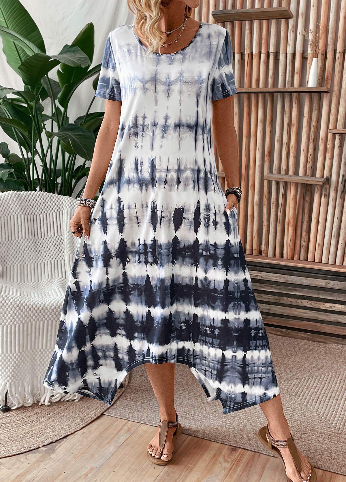 Dusty Blue Pocket Tie Dye Print A Line Dress | picture 