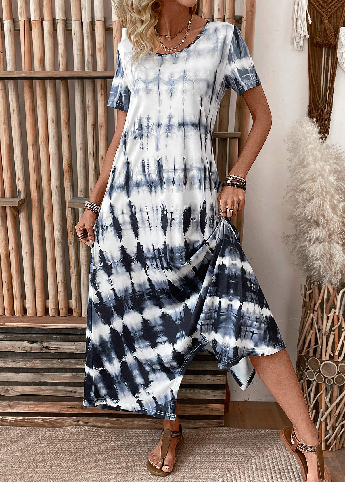 Dusty Blue Pocket Tie Dye Print A Line Dress | picture 