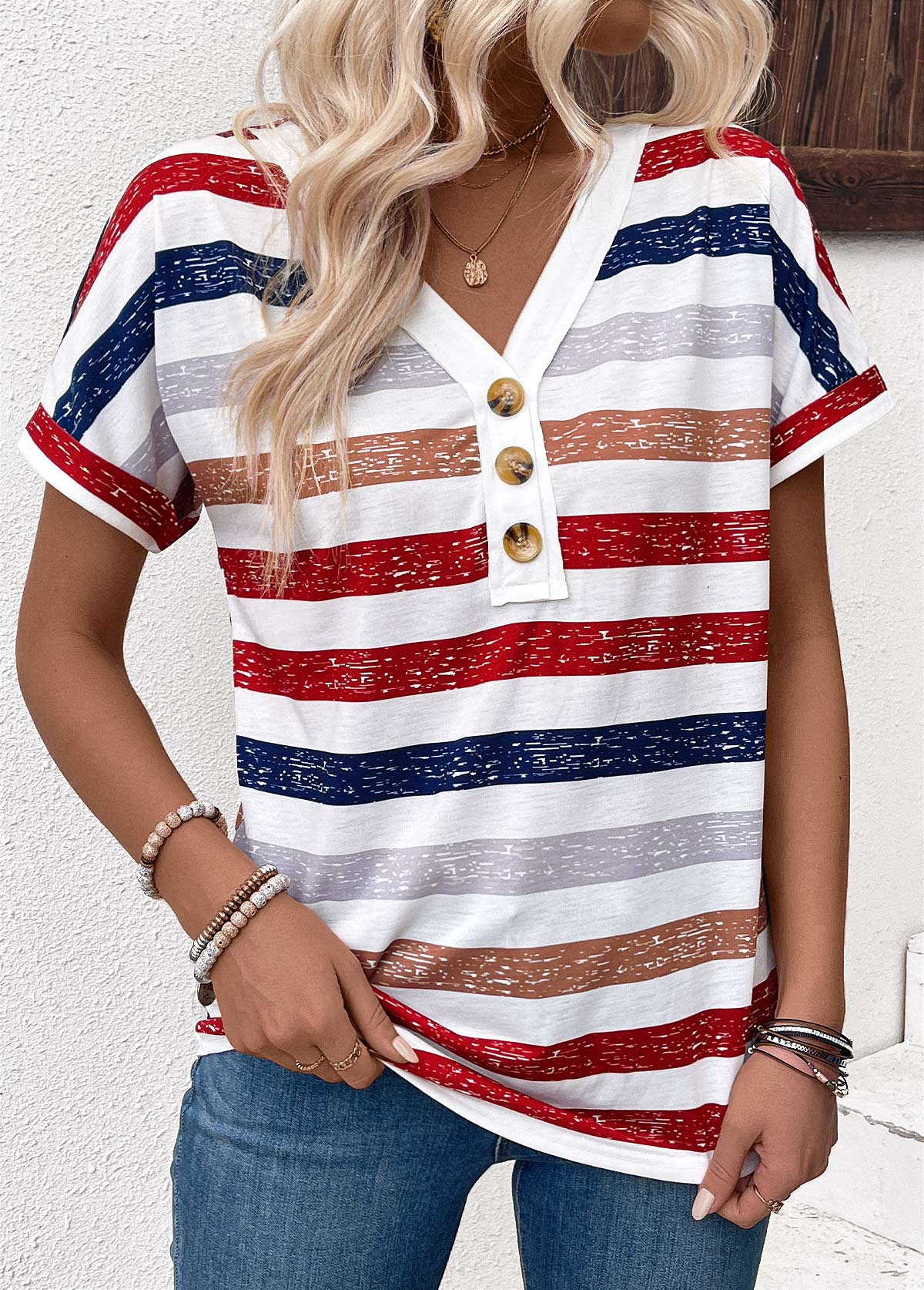 Multi Color Button Striped Short Sleeve T Shirt | picture 